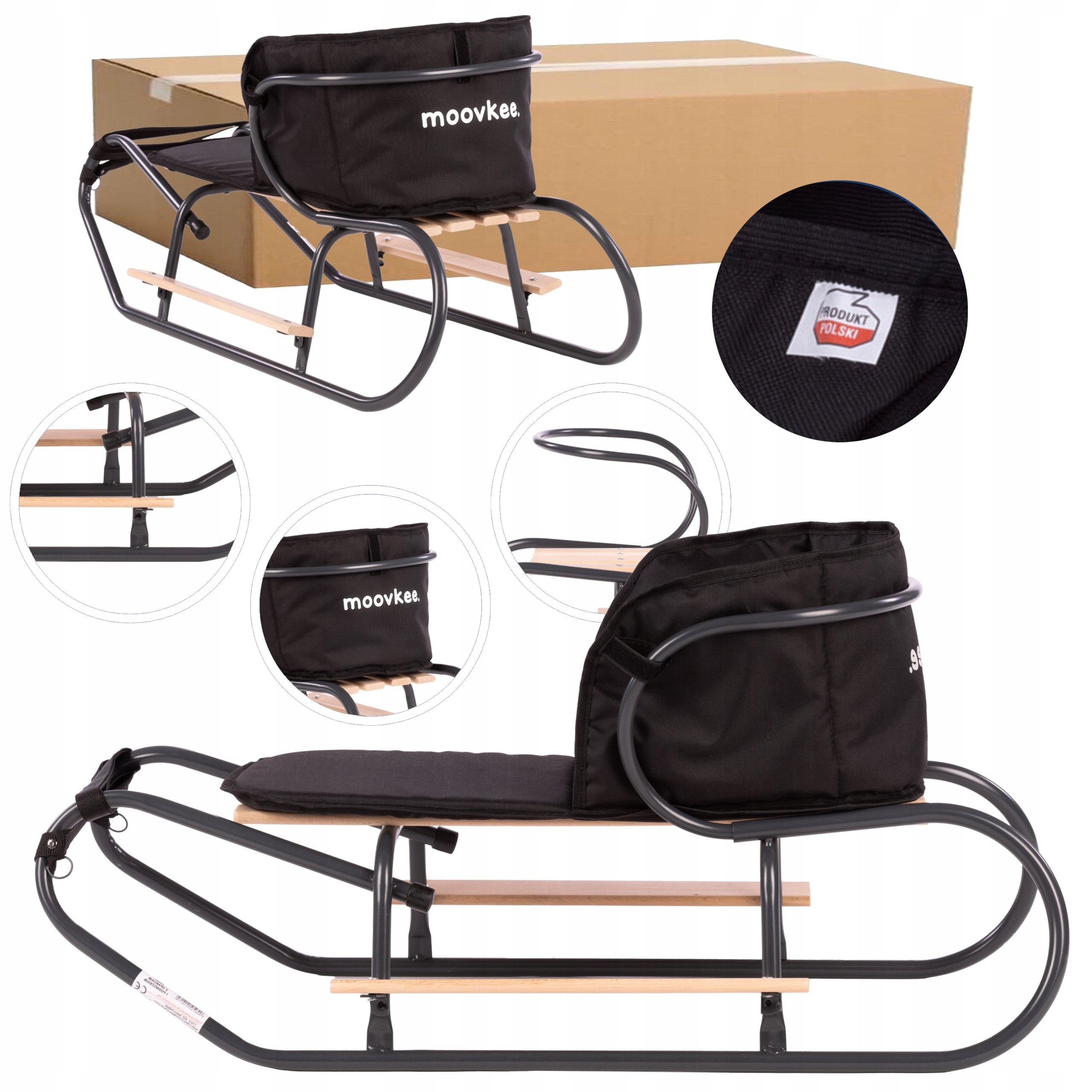 Polskie Sanki metalowe z oparciem materacem z Odblaskiem Moovkee pasek