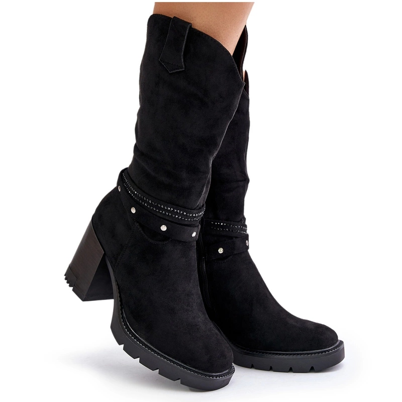 Kozačky Eko Semišové Podpatek Sloupek Na Zip Zateplené Pásky Černé 38