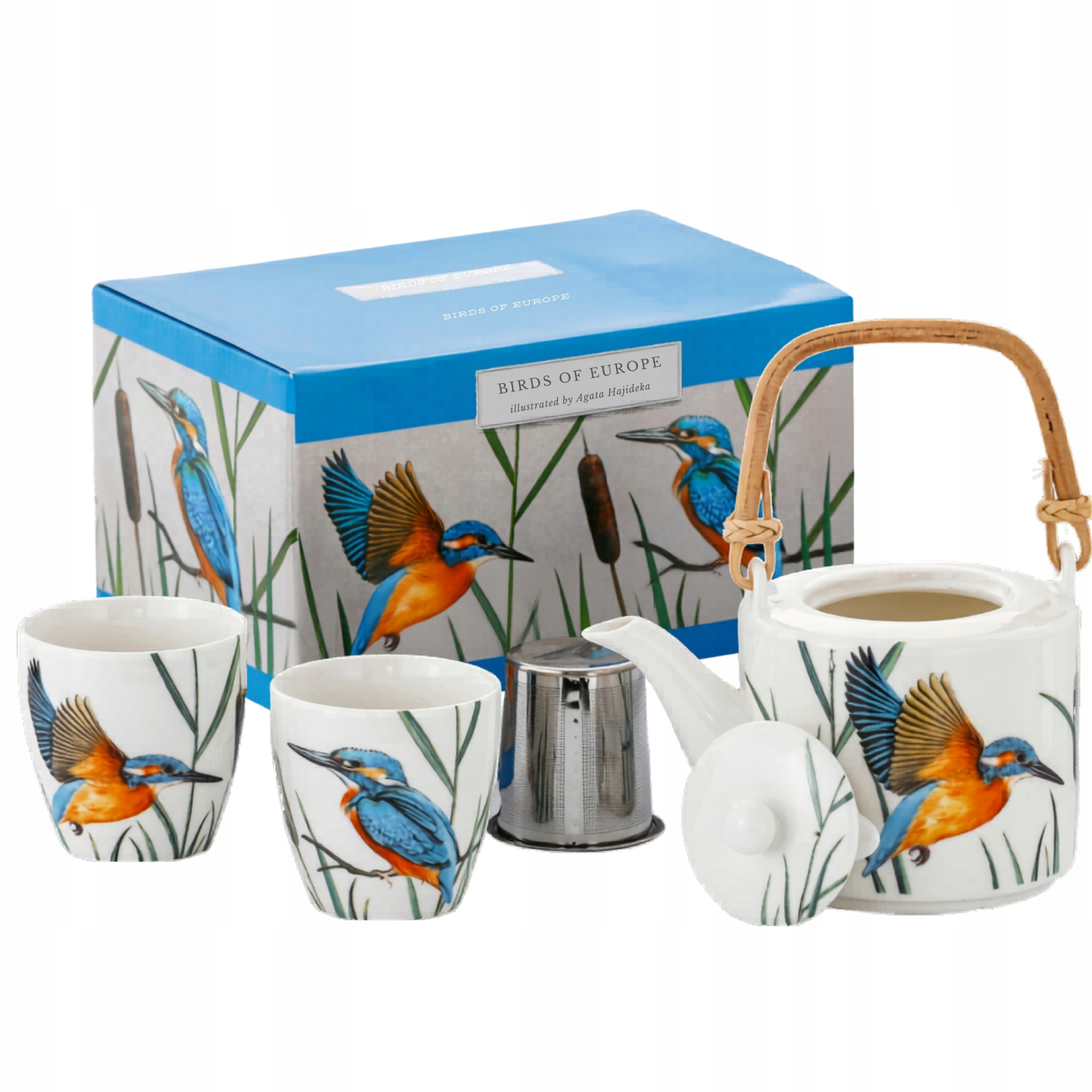 Porcelanowy Zestaw Czajnik 600 ml 2 Kubki 150 ml Ptaki Polski Zimorodek