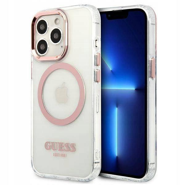 Pouzdro pro iPhone 13 Pro Guess Hard Case Metal Outline MagSafe růžové