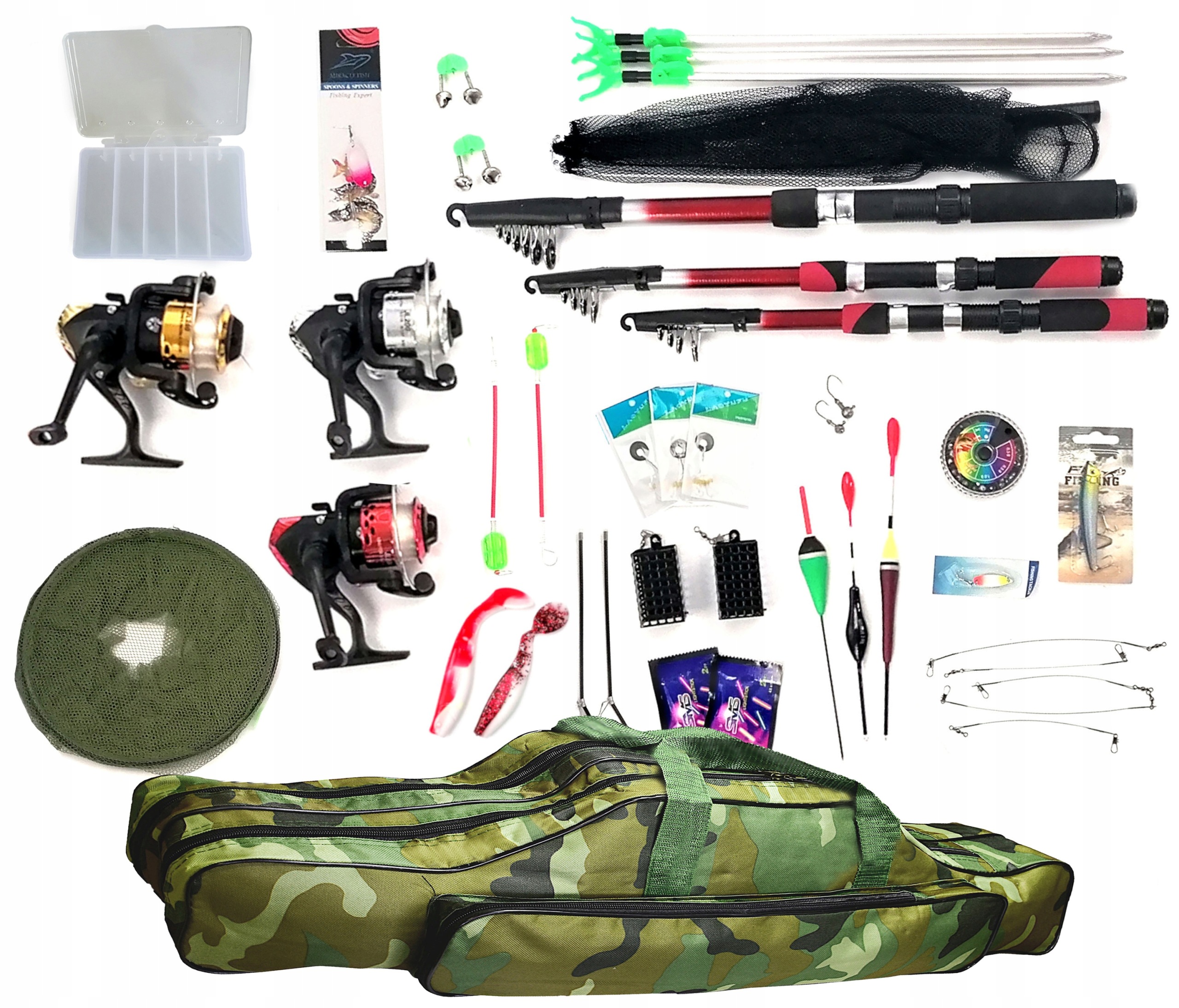 Rybářský set 3x rybářský prut 3x naviják pouzdro krabička podpěry síťka