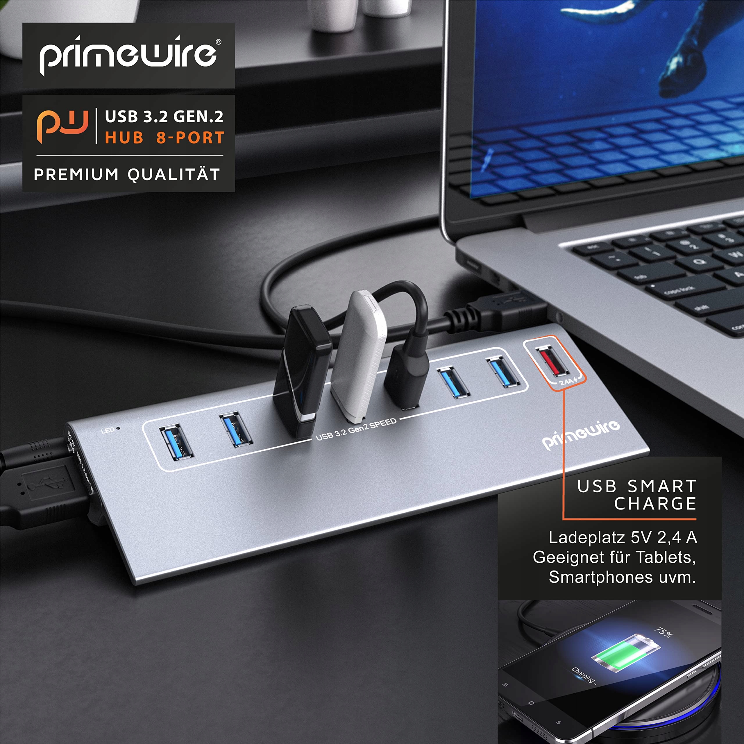 CSL 8 Portowy Hub USB 32 Gen2 10 GBit/s Zasilacz PC Laptop Tablet — miniatura 6