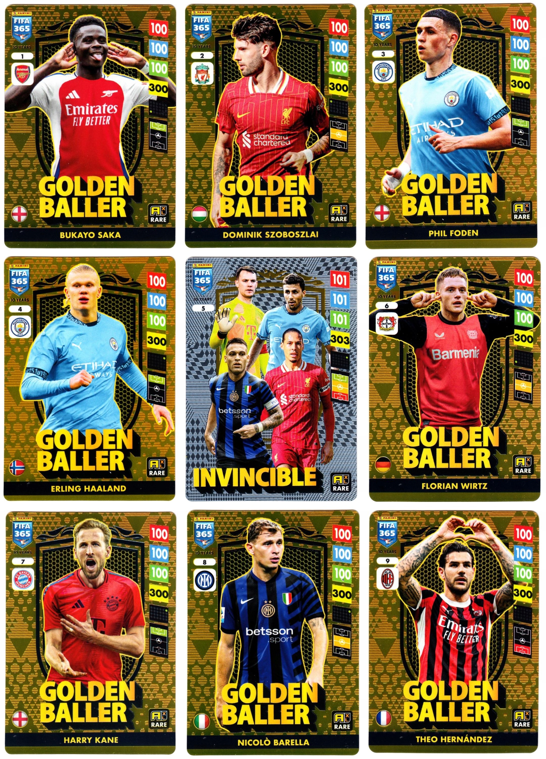 Sběratelské karty Panini Fifa 365 2025 Golden Baller Rare Sada 9 karet