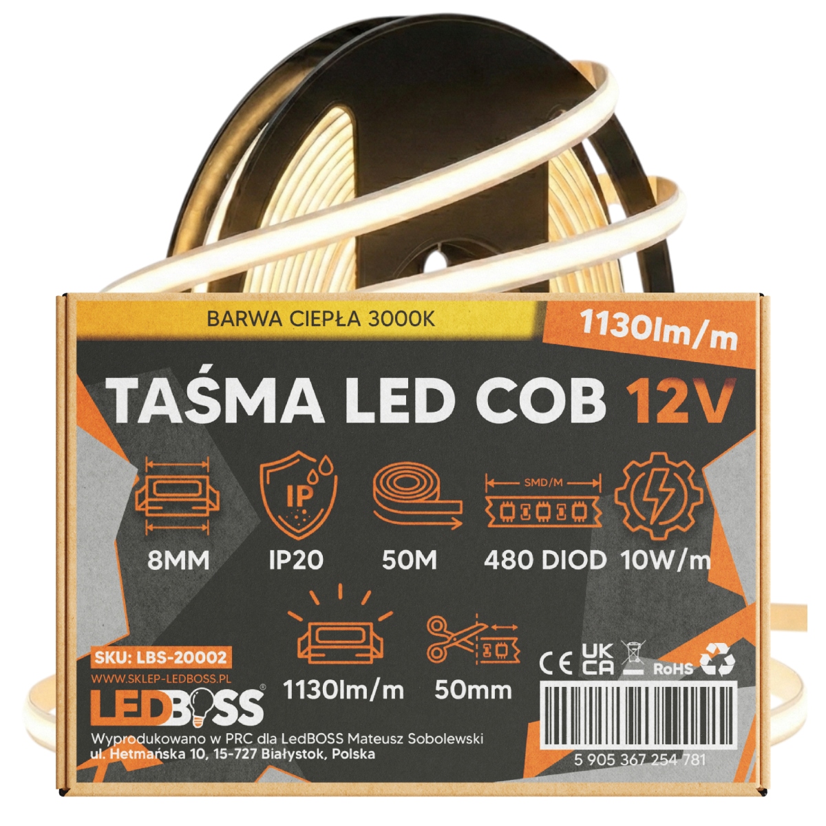 Taśma Led Cob 12V 50m 480DIOD 10W/M 1130LM/M Jednolita 3000K Ledboss