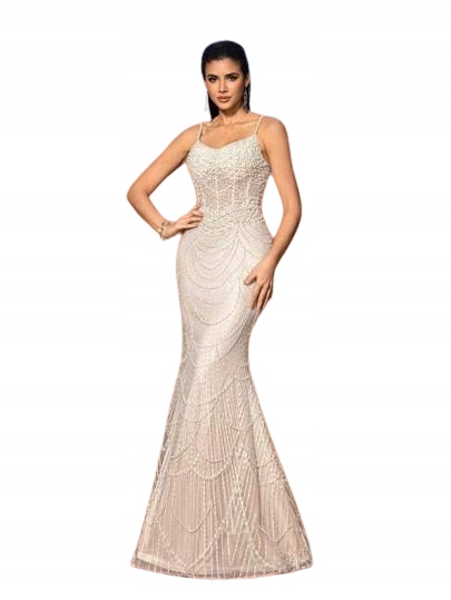 Shein Béžová Večerní Šaty S Kamínky Na Celém Povrchu, Zavazovací Korzet M 1KD