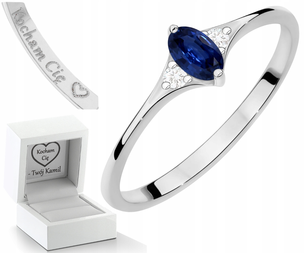 Bílý Zlatý Prstýnek Se Safírem A Brilianty Zlato Gravírování 585