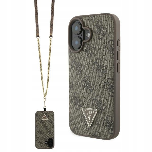 Pouzdro Guess pro iPhone 16 6.1" hnědé Leather Metal Logo Strass Crossbody