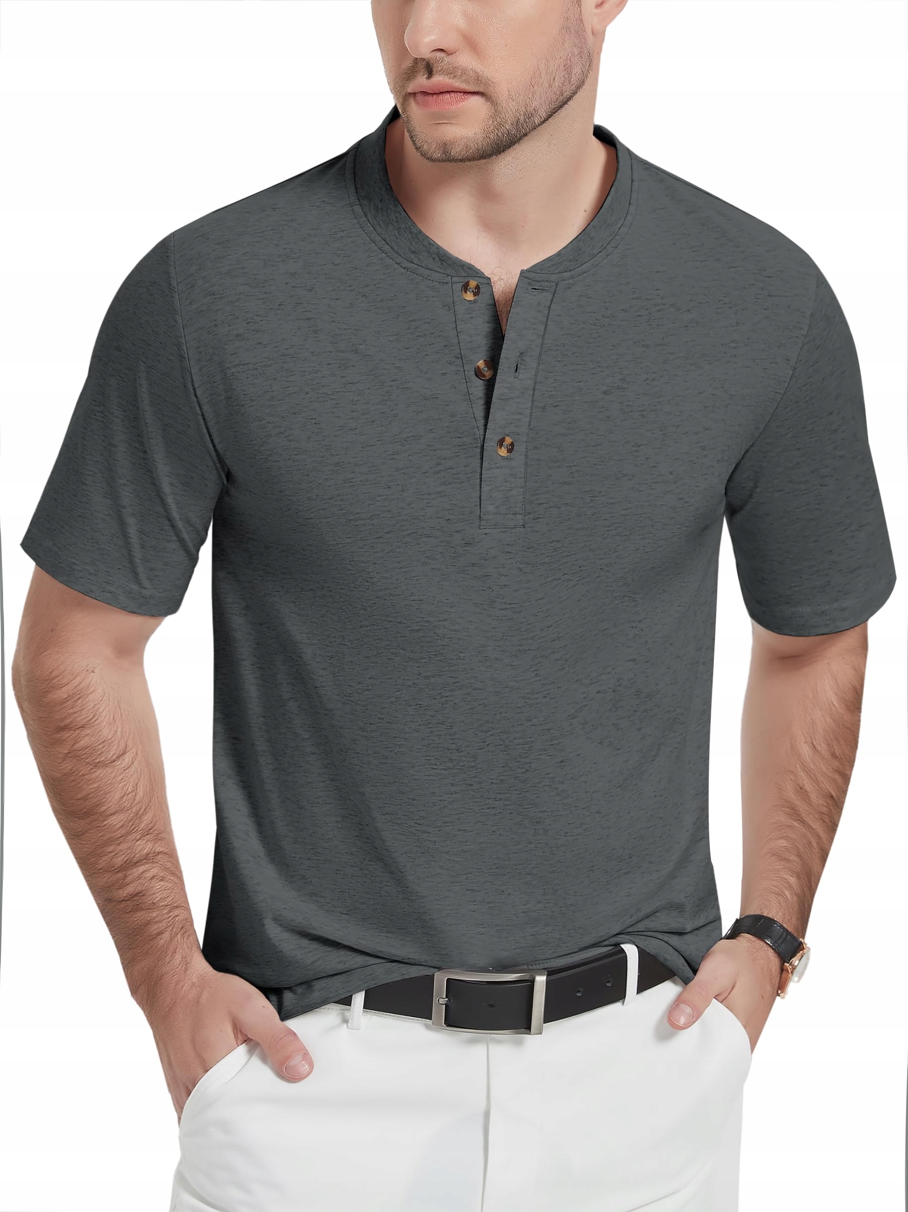 Kefitevd Tričko Henley Bavlněné Polo bez límce Šedé XXL