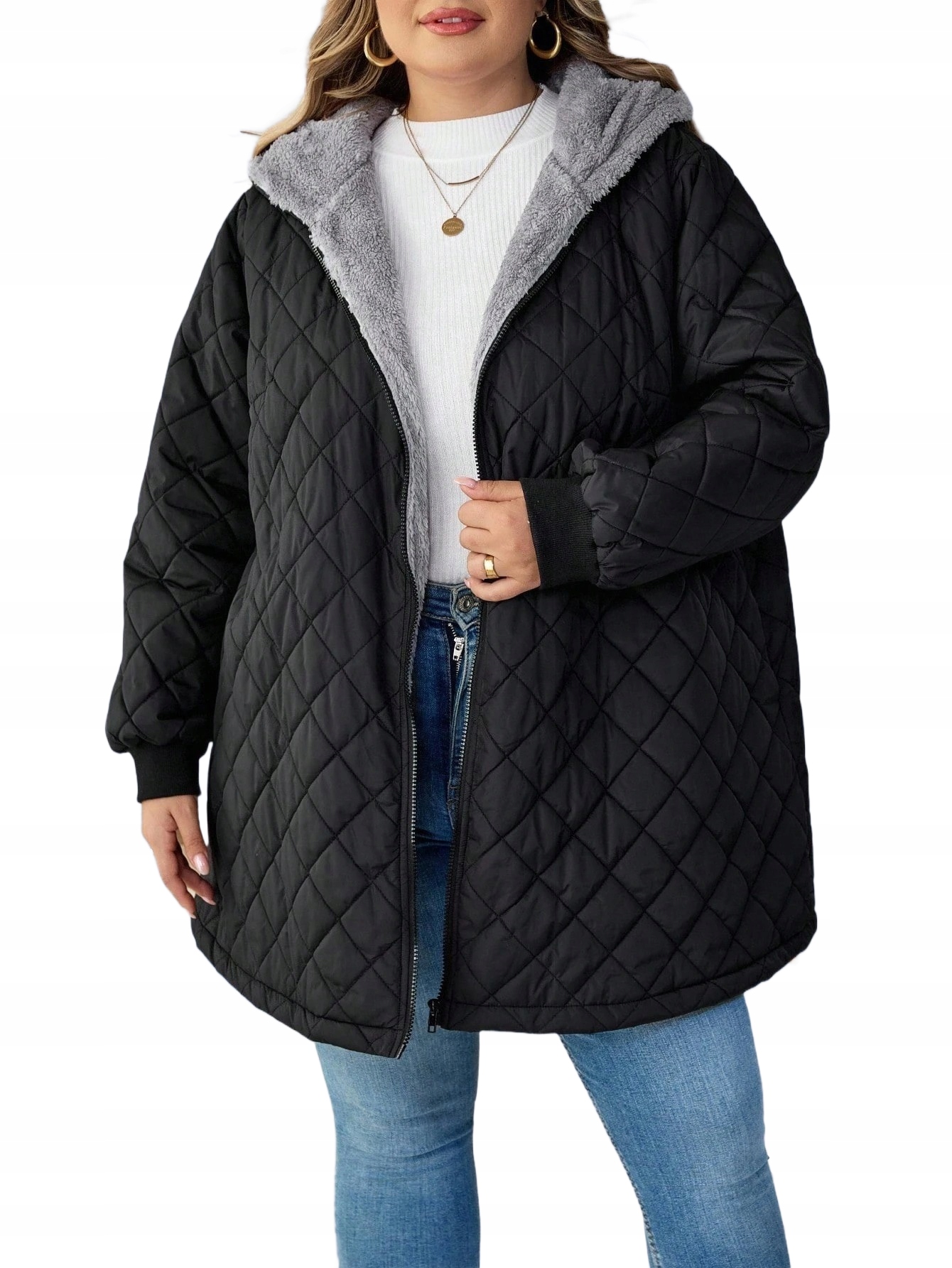 Shein Černá Prošívaná Bunda Plus Size Se Zateplením A Kapucí 58 1LA