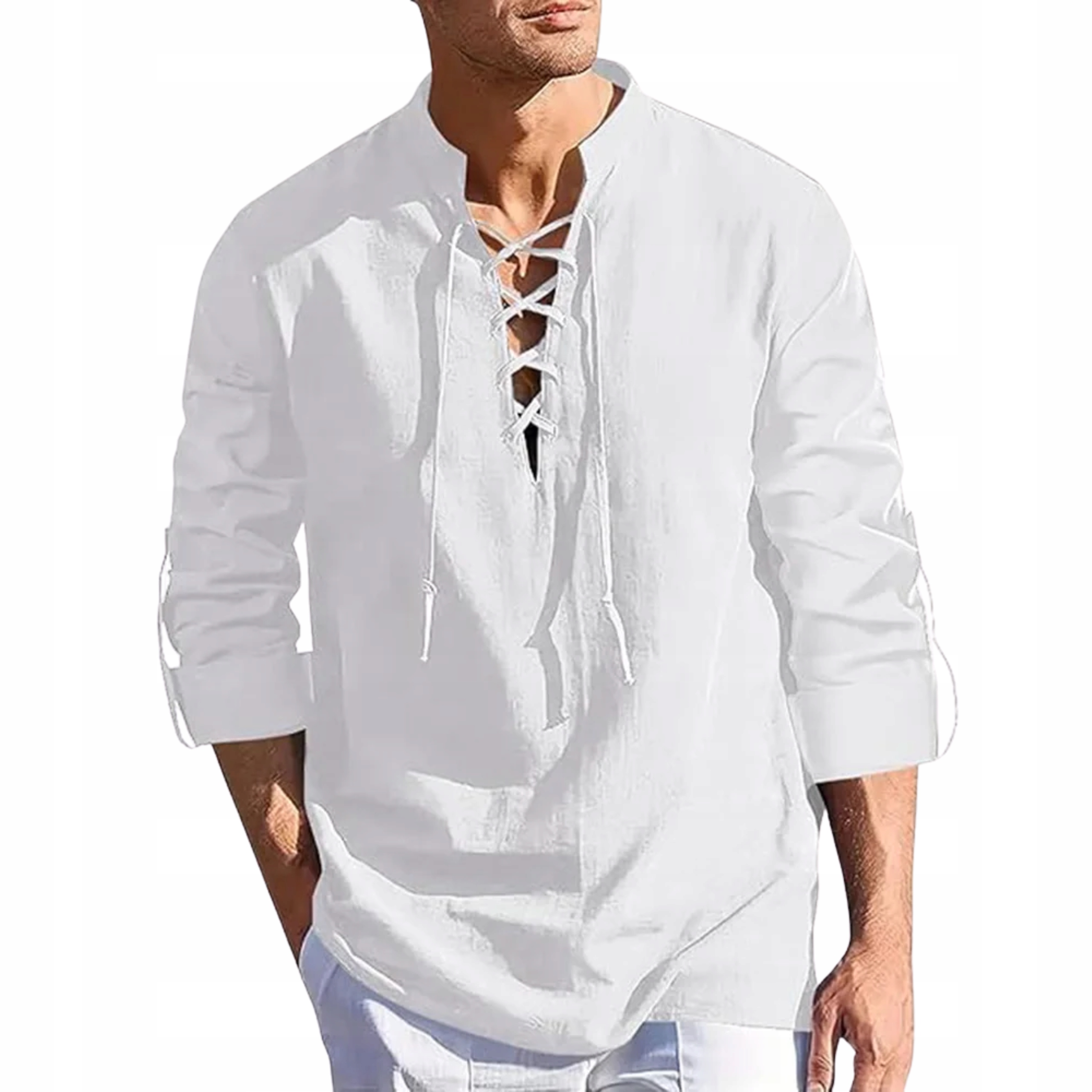 Lniana koszula męska z wiązaniem stójka casual lekka przewiewna na lato