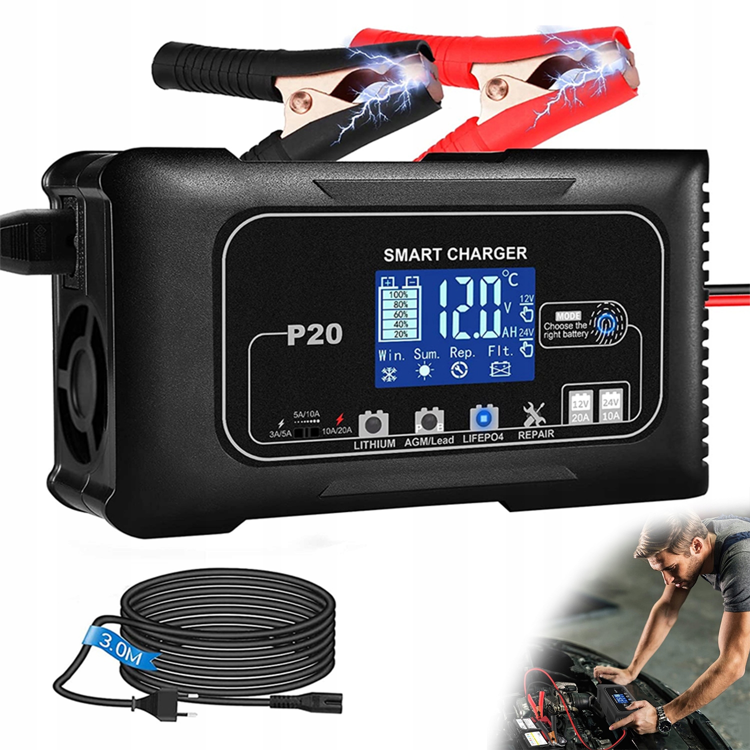 P20 10A Usměrňovač Pro Automatické Baterie Smart Nabíječka 12V 20A/24V