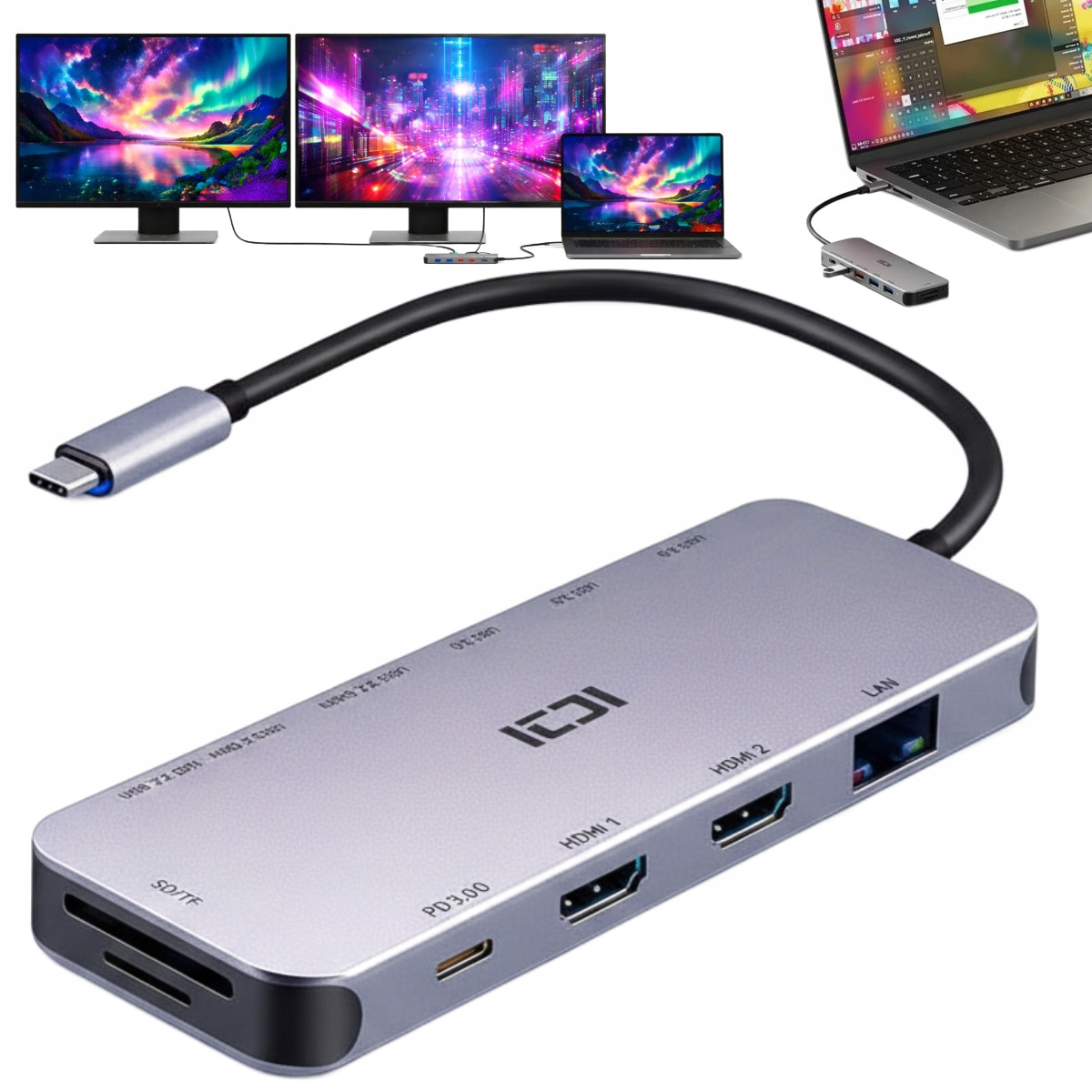 Hub Usb-c dokovací stanice pro notebook Hp pro 2 monitory, rozšíření obrazu