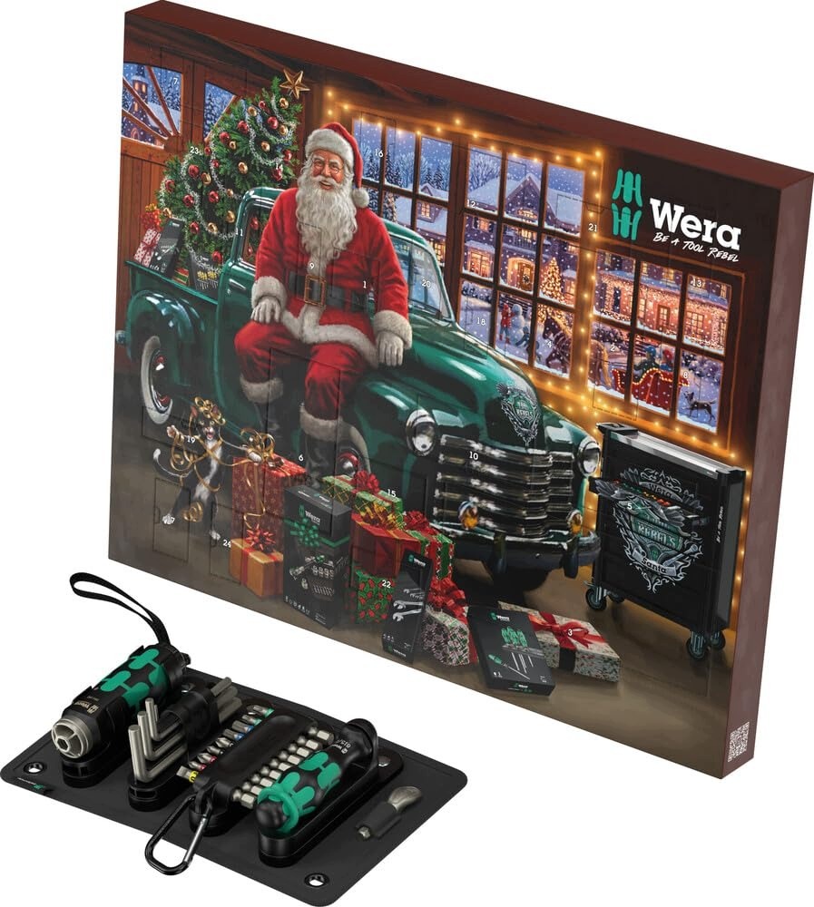 Адвент-календарь Wera, 24 предмета: фонарик-отвёртка, биты, ключи, рукоятка Kraftform