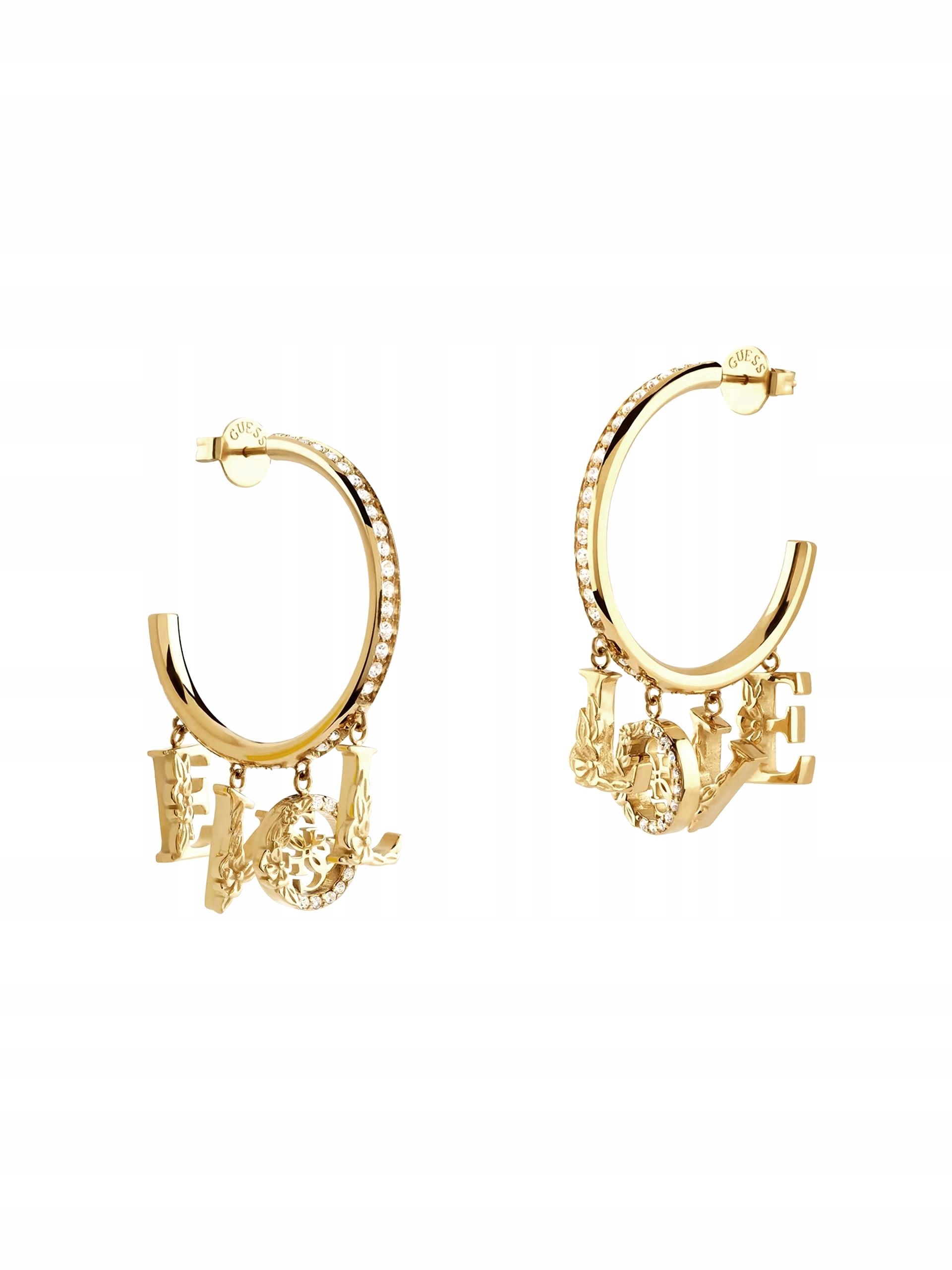 Guess 4 Love zlaté kruhové náušnice se závěsnými prvky JUBE05034JW