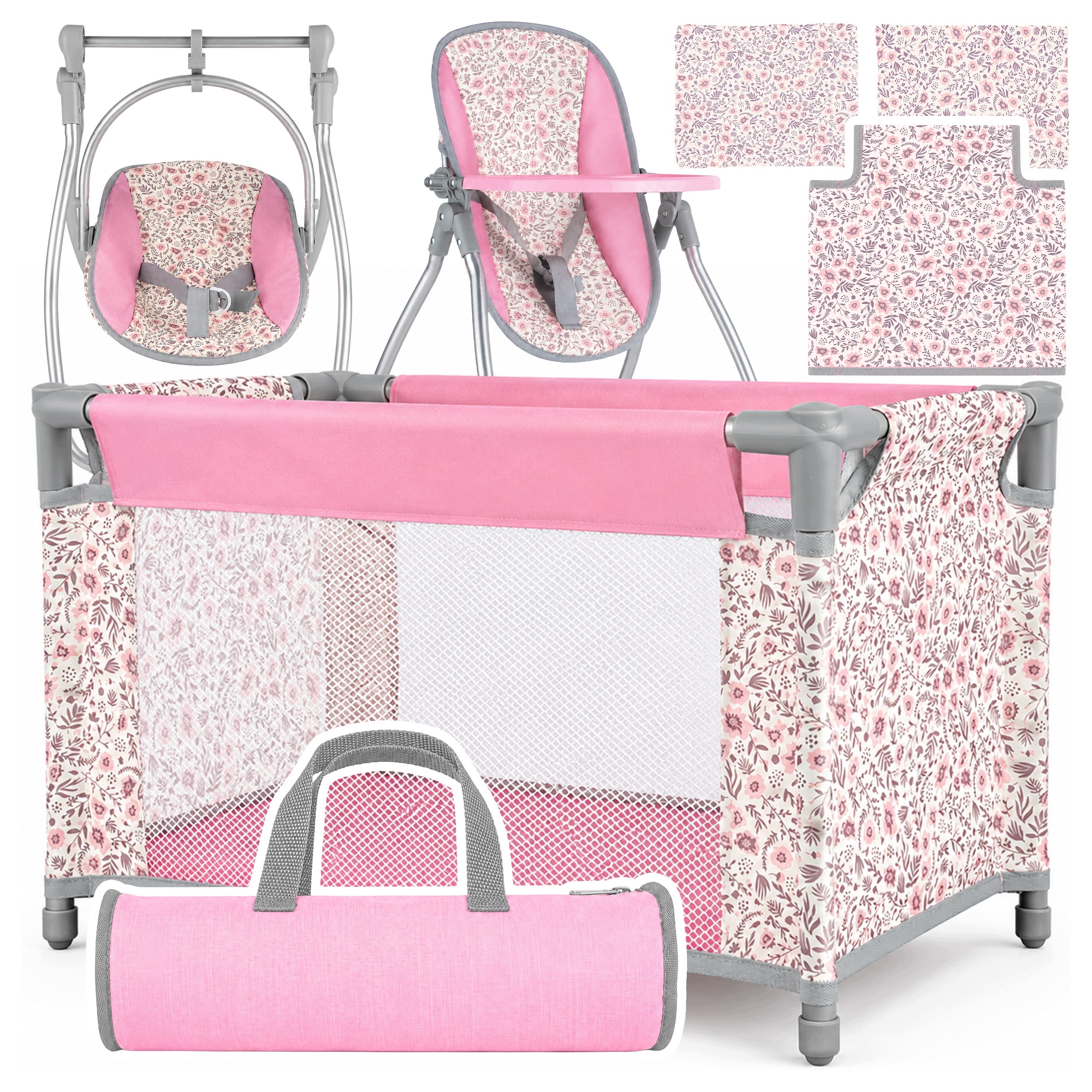 Zestaw dla Lalek 2w1 Pink Flowers Łóżeczko Pościel Krzesełko Huśtawka