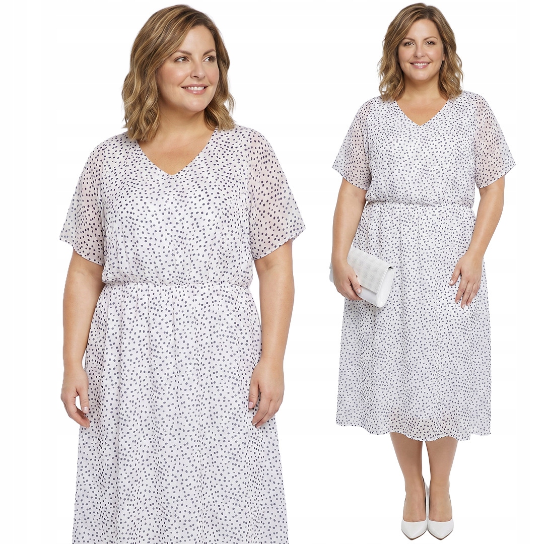Bílé šaty s tmavě modrými puntíky, velikost plus size velikost 52/54