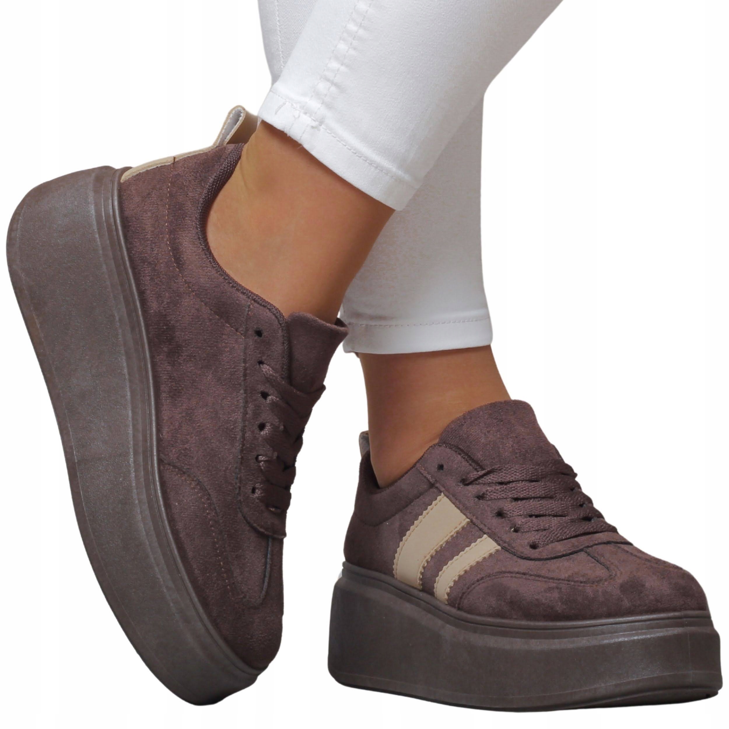 Sneakersy Damskie Brązowe Platforma Zamszowe Modne Buty Sportowe Casual 38