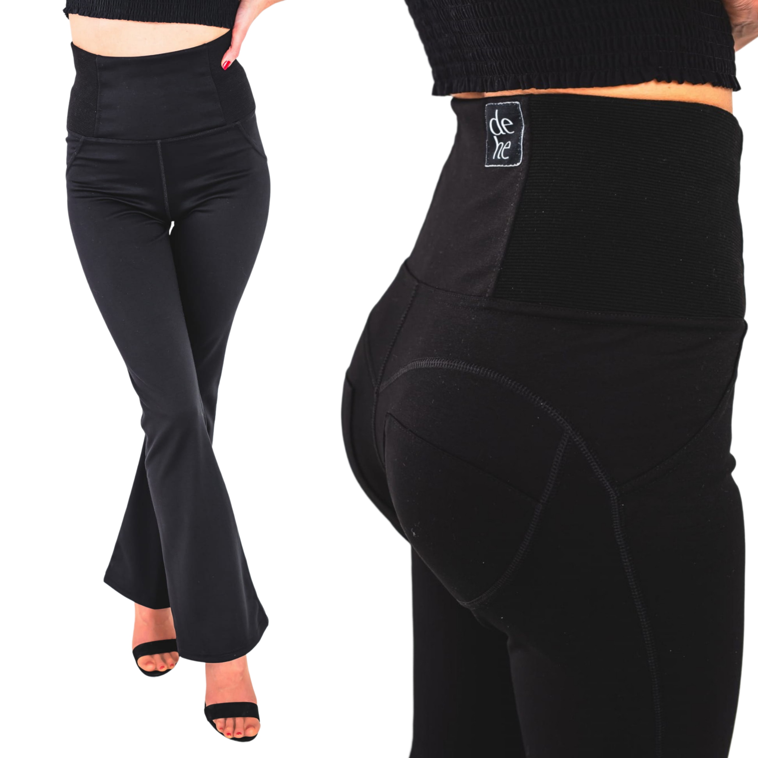 Černé bavlněné kalhoty Zvony push up vysoký pas guma M