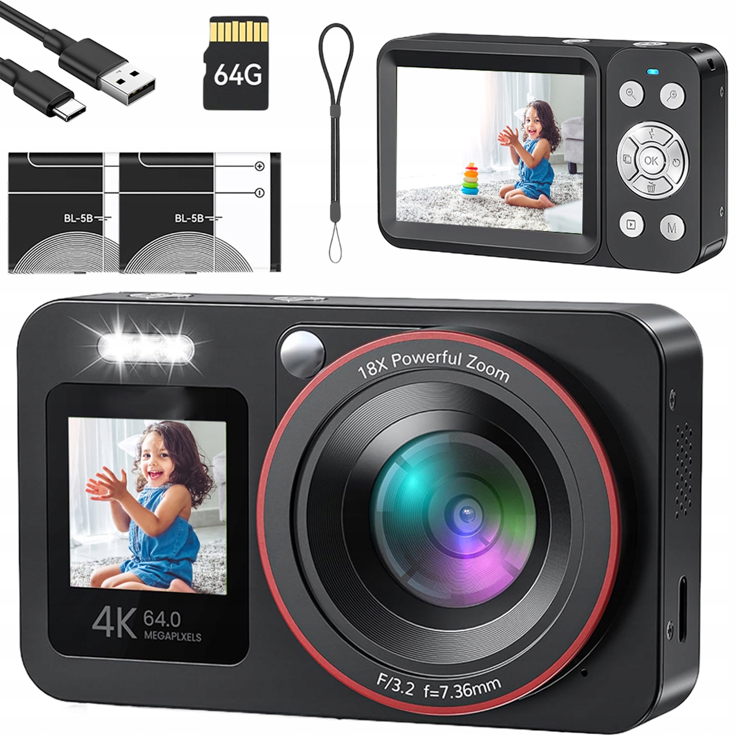 Kompaktní Digitální Fotoaparát 4K 64MP 18X Zoom Je Ideální Jako Dárek Pro Děti