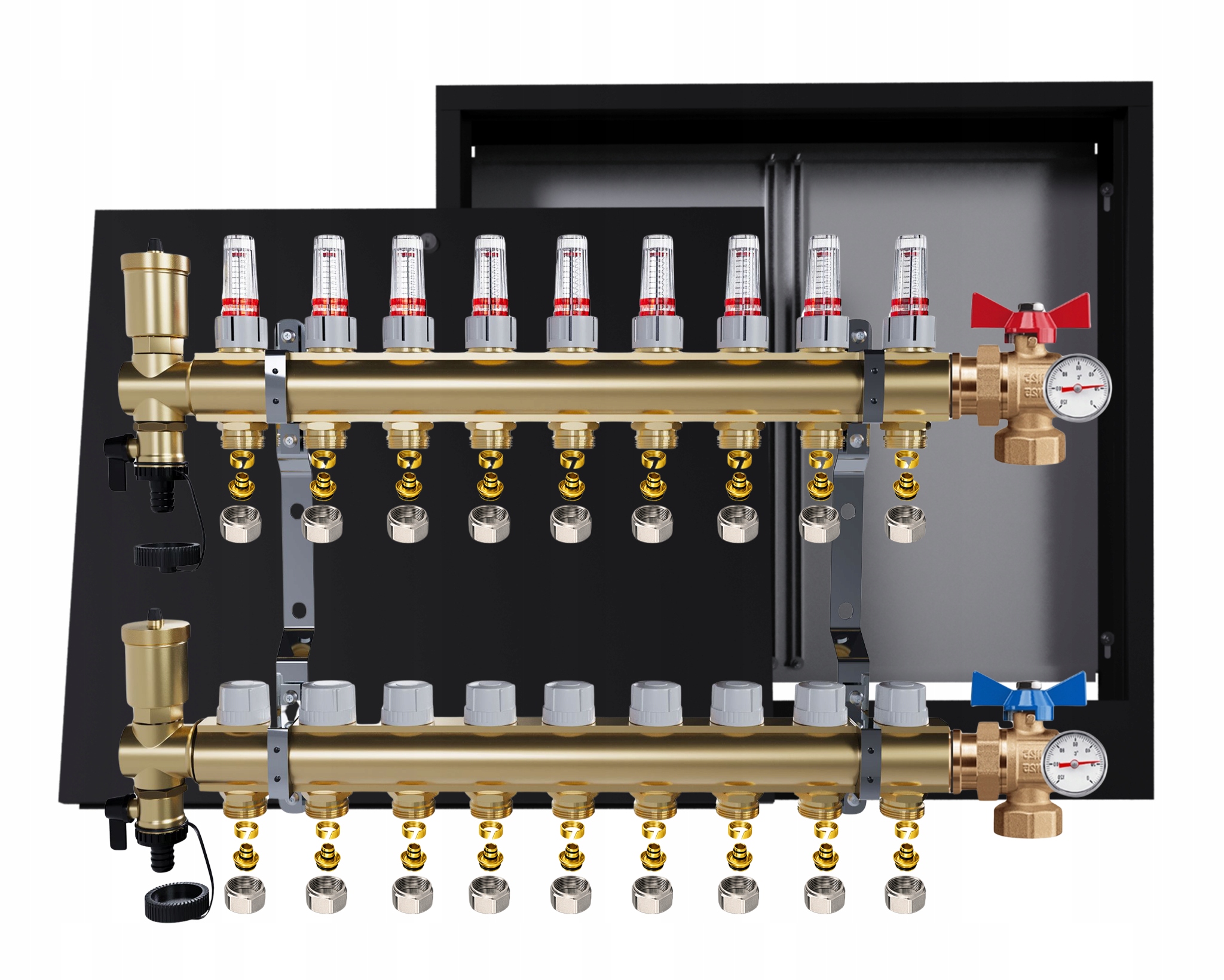 Rozdělovač Pro Podlahovou Krytinu 9 Okruhů Ventily Teploměr Skříňka Pex