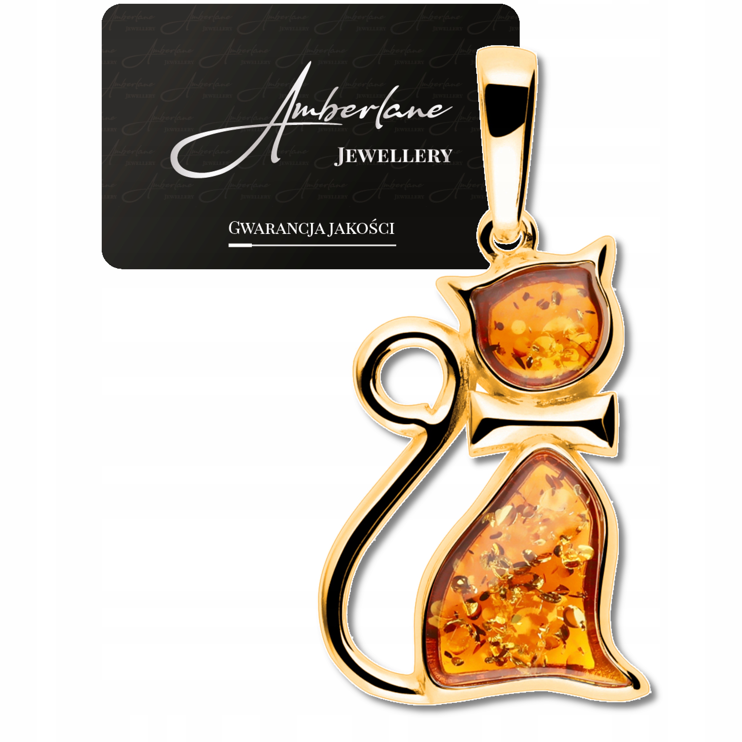 Pozlacený přívěsek Kočka s višňovým jantarem – stříbro 925, zlacení 18K