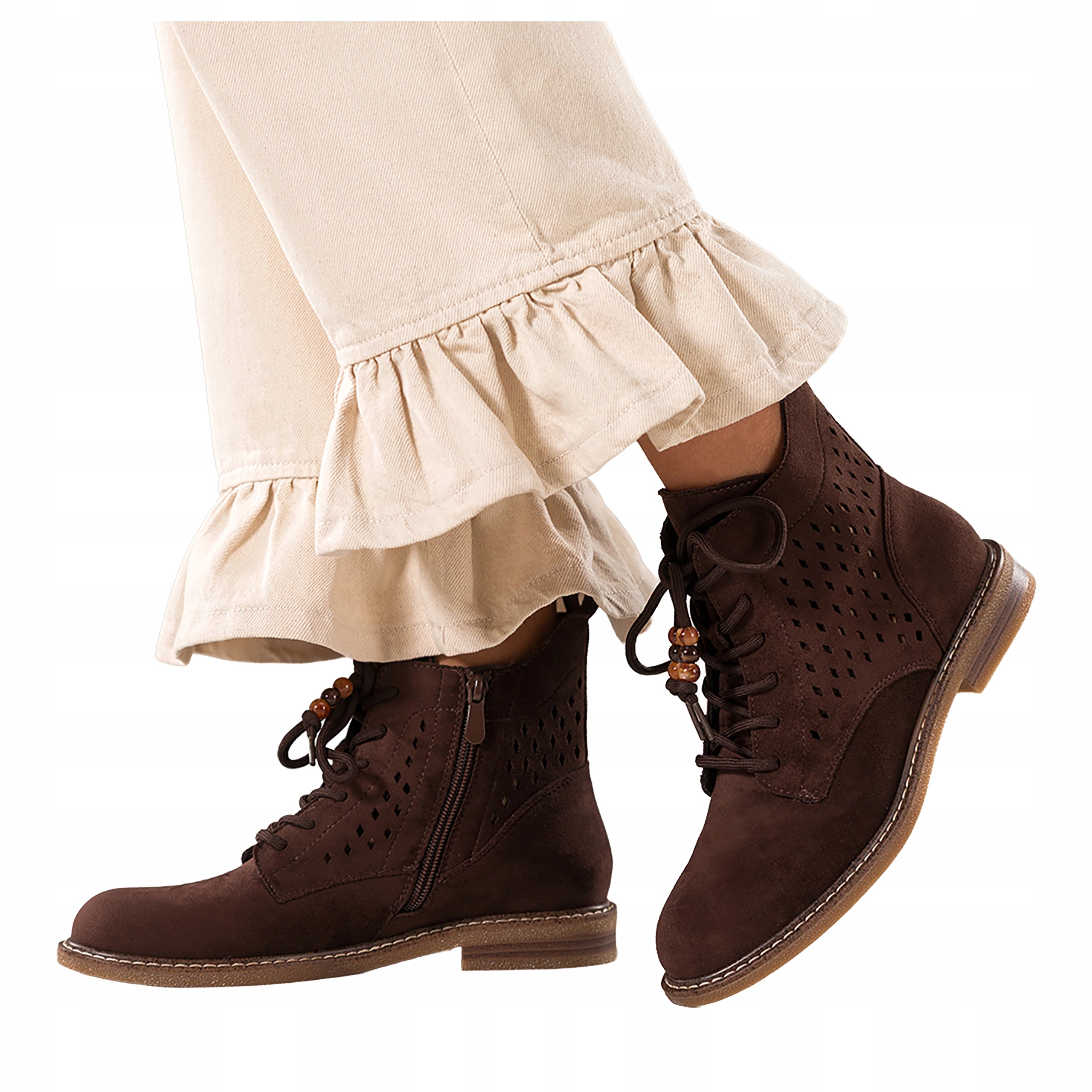 Kotníkové Boty Čokoládové Dámské Ažurové Ploché Šněrovací Ozdobné Korálky vel. 38