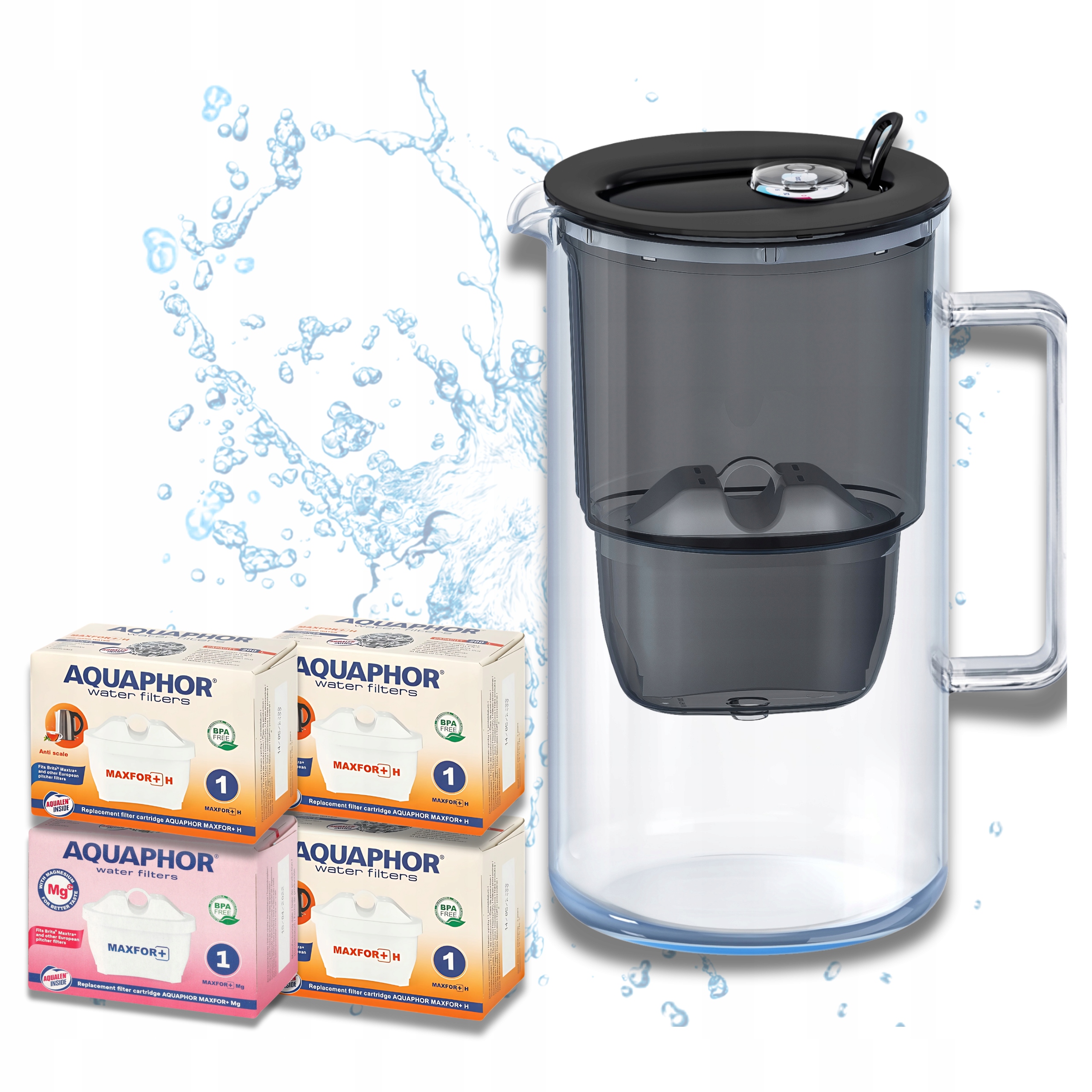 Dzbanek filtrujący szklany +4 filtry Maxfor (1Mg+3H) Aquaphor Glass czarny