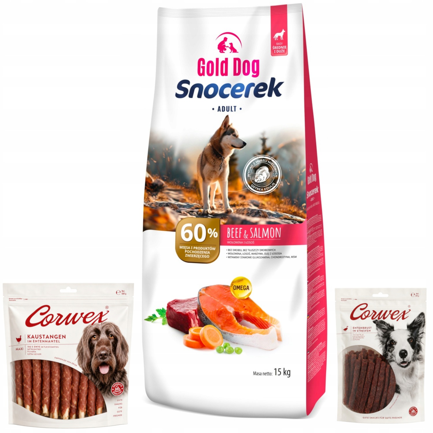 Krmivo Gold Dog 15 kg Beef Salmon Corwex Žvýkací kost Kachní proužky