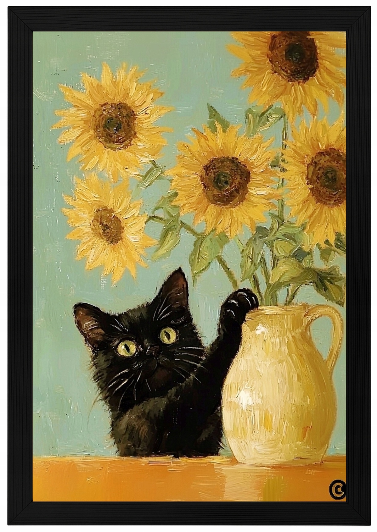 Plakát S Dřevěným Rámeček Černá Kočka Žluté Slunečnice Van Gogh 40x60