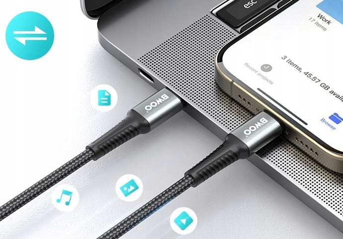 Szybki Kabel USB - C Telefon PD 60W do Ładowarki Laptopa Smartfon PD QC 3 m Konstrukcja oplot