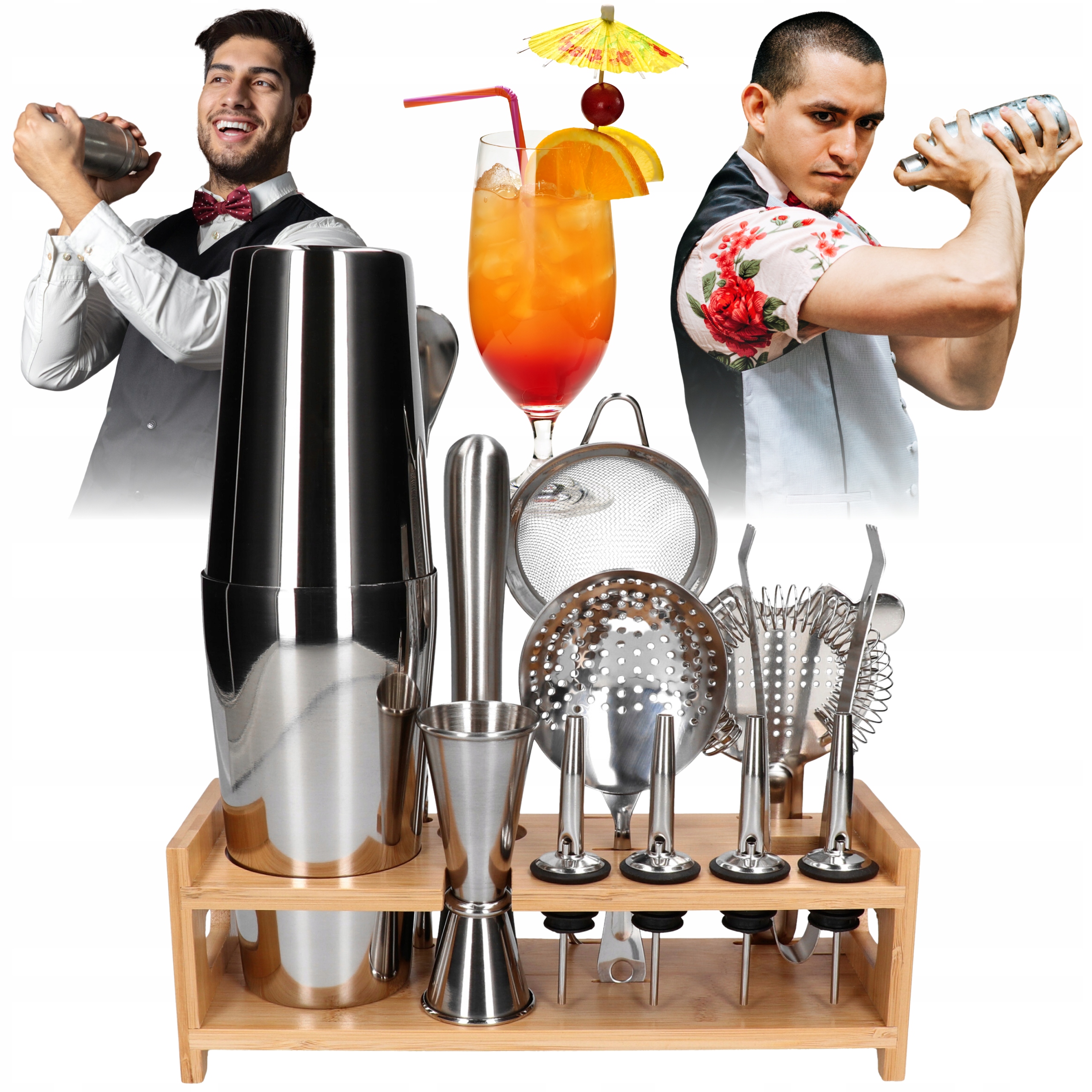 Barmanská sada 14 ks s podstavcem, stříbrný shaker Tin on tin