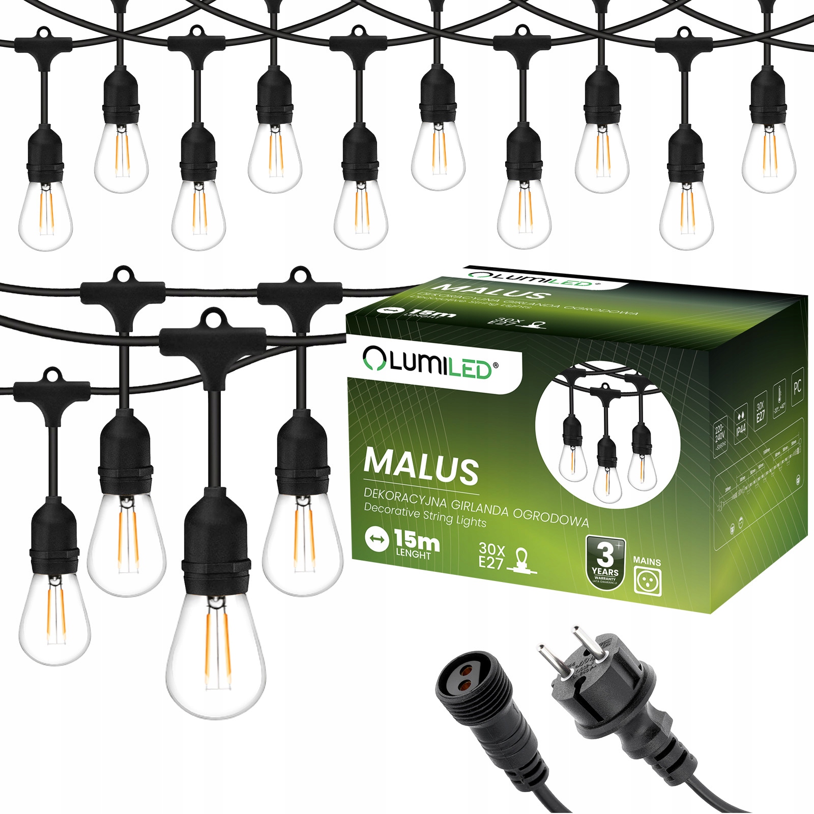 Venkovní zahradní girlanda Světelný Řetěz 15 m 30 Led E27 Žárovky 2W