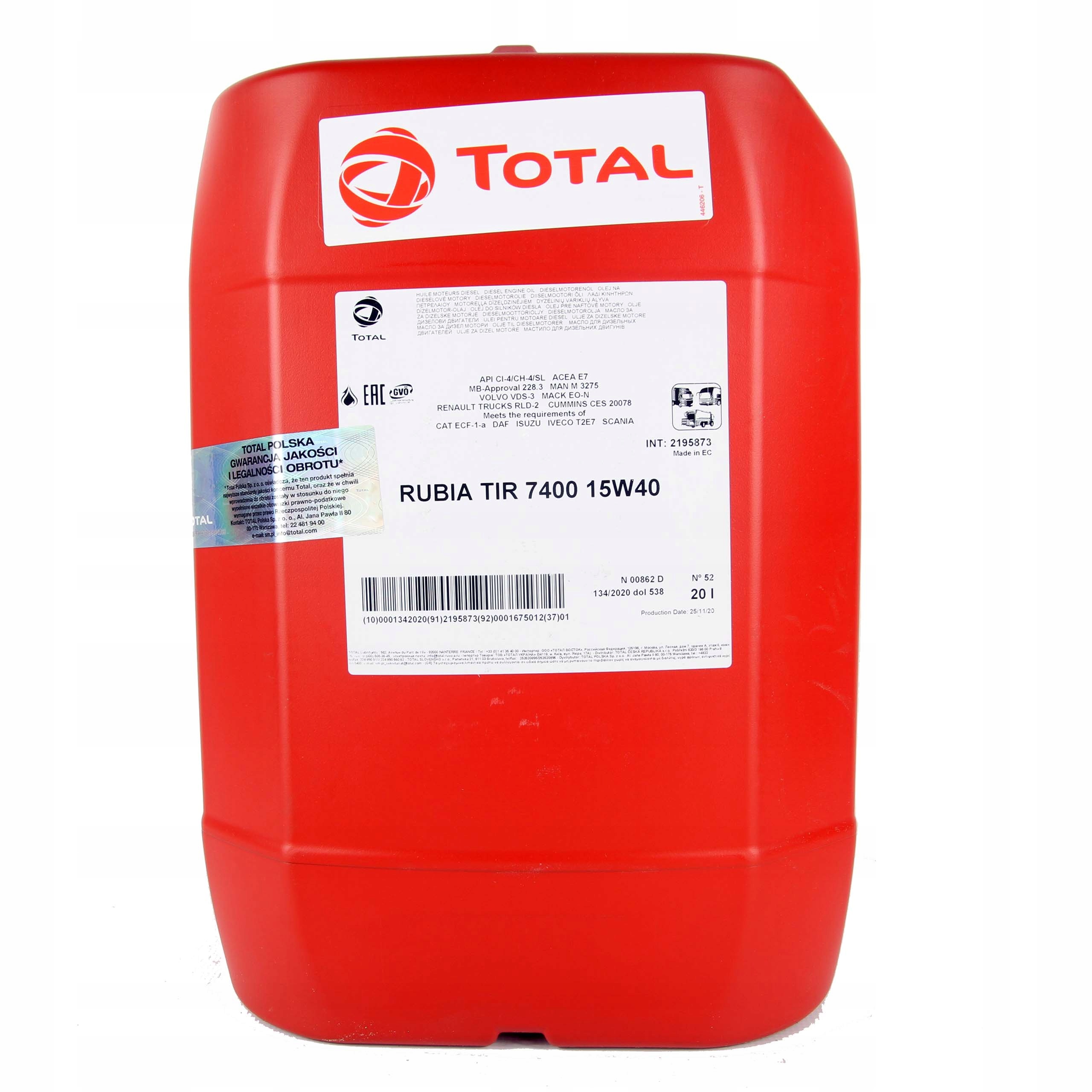 Olej silnikowy TOTAL RUBIA TIR 7400 15W-40 20L