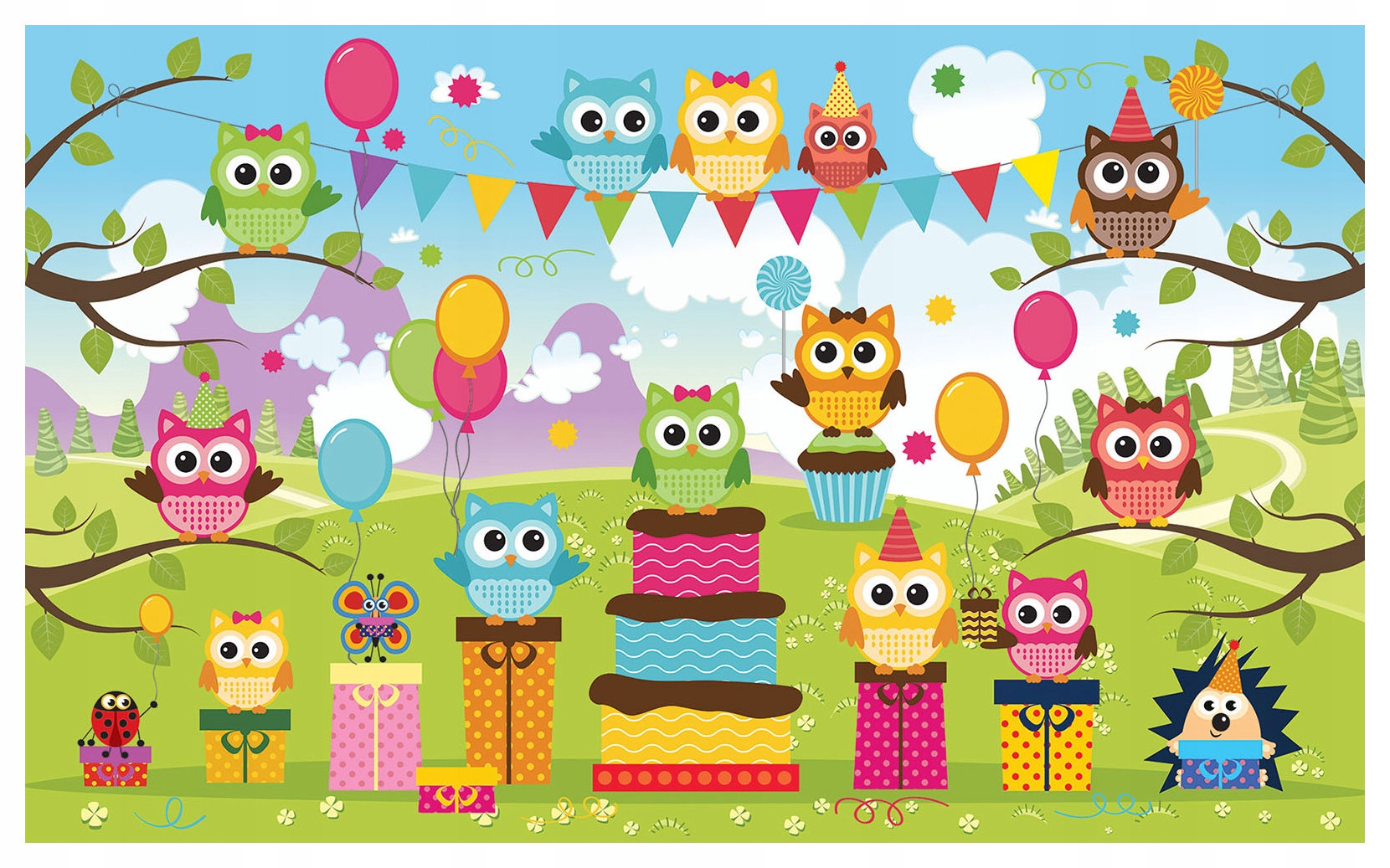 Tapeta Radostné sovy narozeniny vinyl 416x254 dárek balónky sladkosti lepidlo