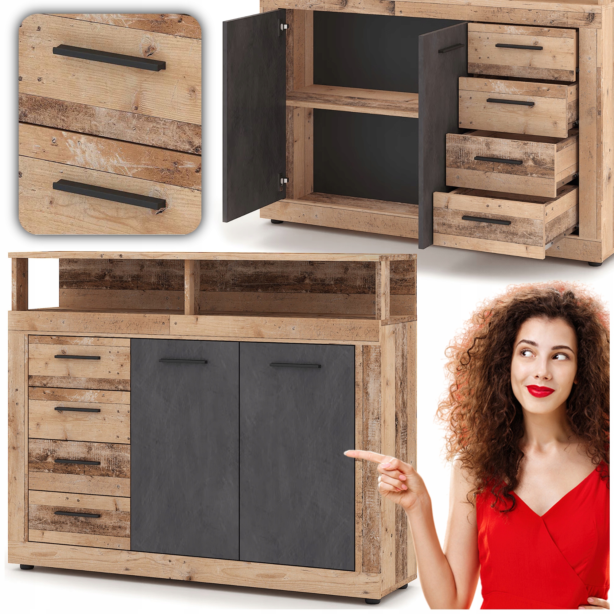 Komoda se zásuvkami Velká dřevěná do obývacího pokoje Dub Grafit Blago 120 cm