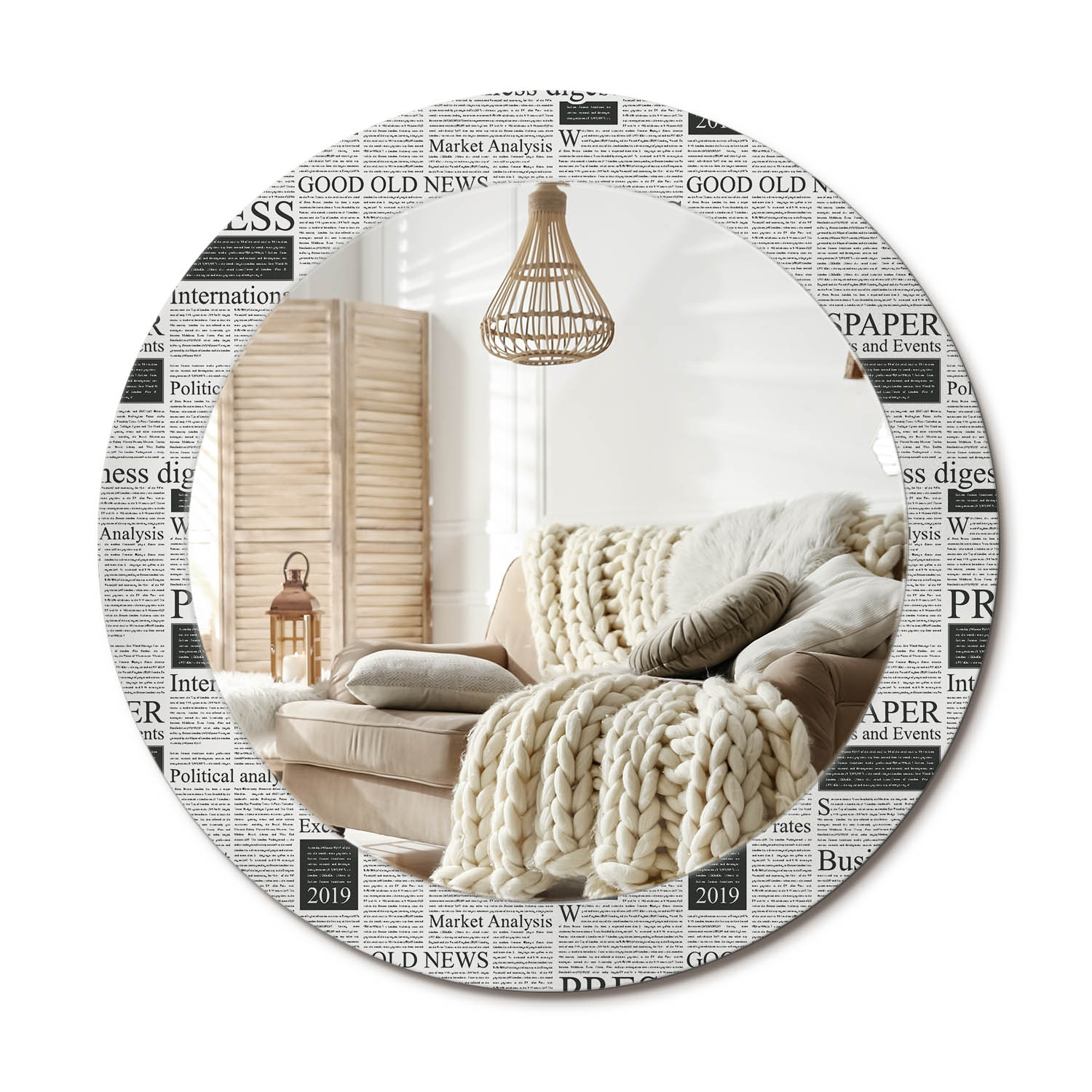 Moderné dekoratívne okrúhle zrkadlo s potlačou Loft Noviny Priemer 70 cm