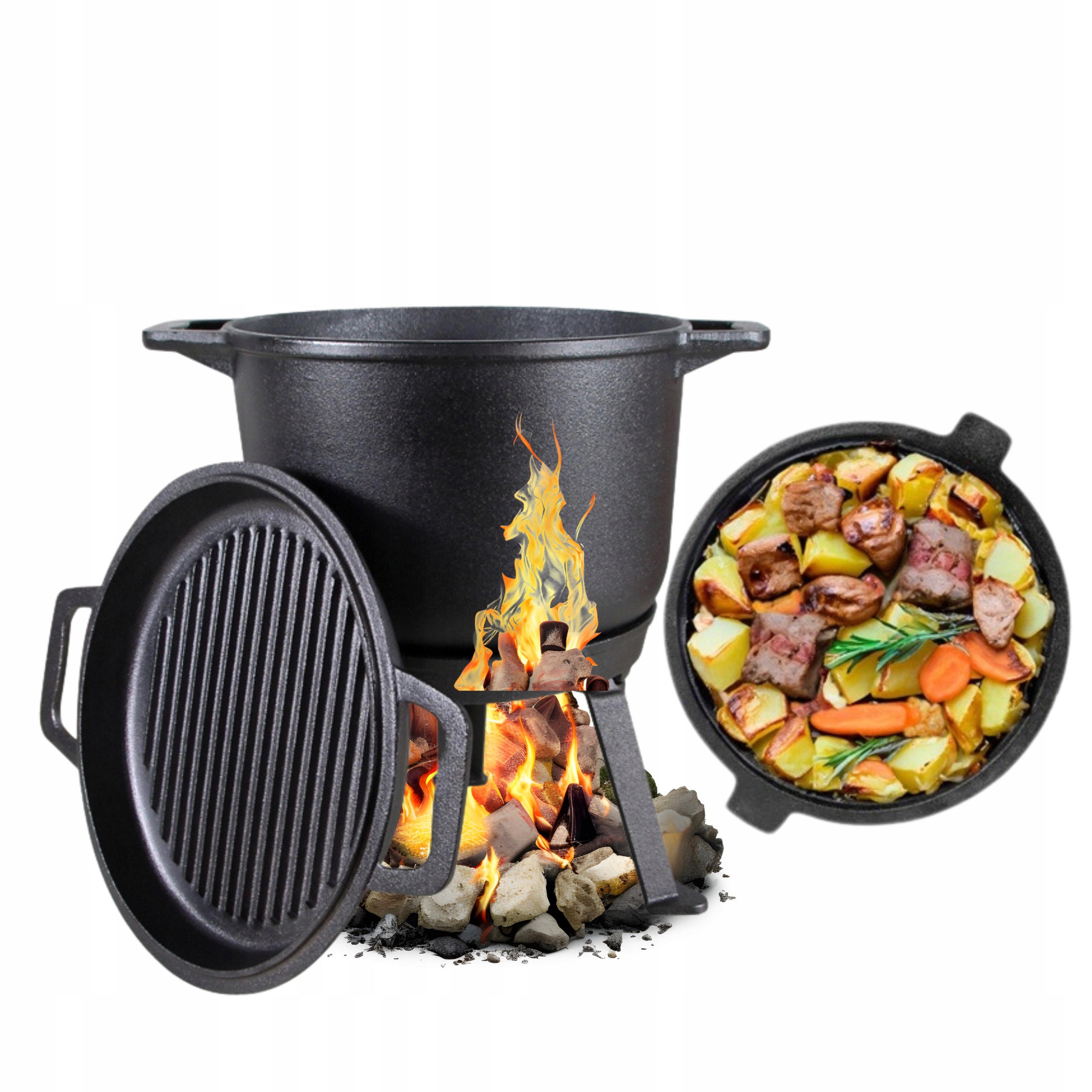 Litinový Kotlík S Pánví 4 L Lovecký Hrnec Na Oheň Gril Pečeně