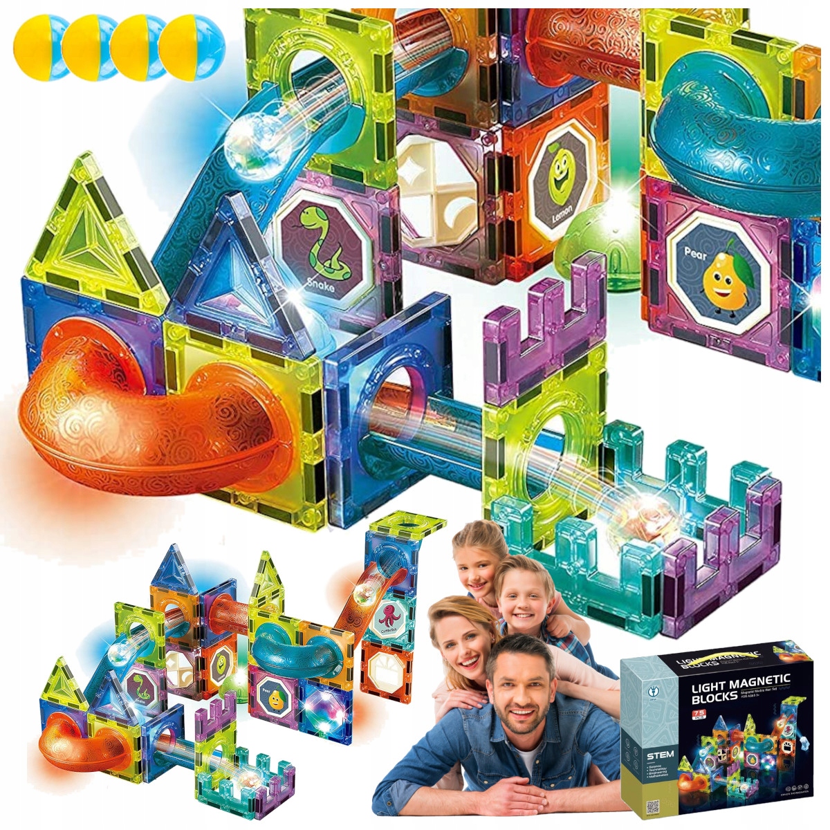 KLOCKI MAGNETYCZNE 3D Konstrukcyjne Magnetic TOR KULKOWY ŚWIECĄCY 75 el.