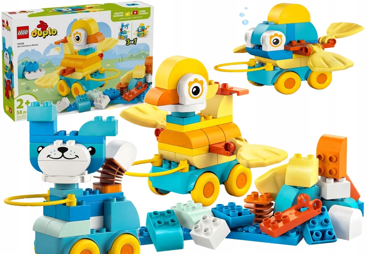 58 dílků stavebnice Lego Duplo 3v1 Zvířátka na kolečkách 10448