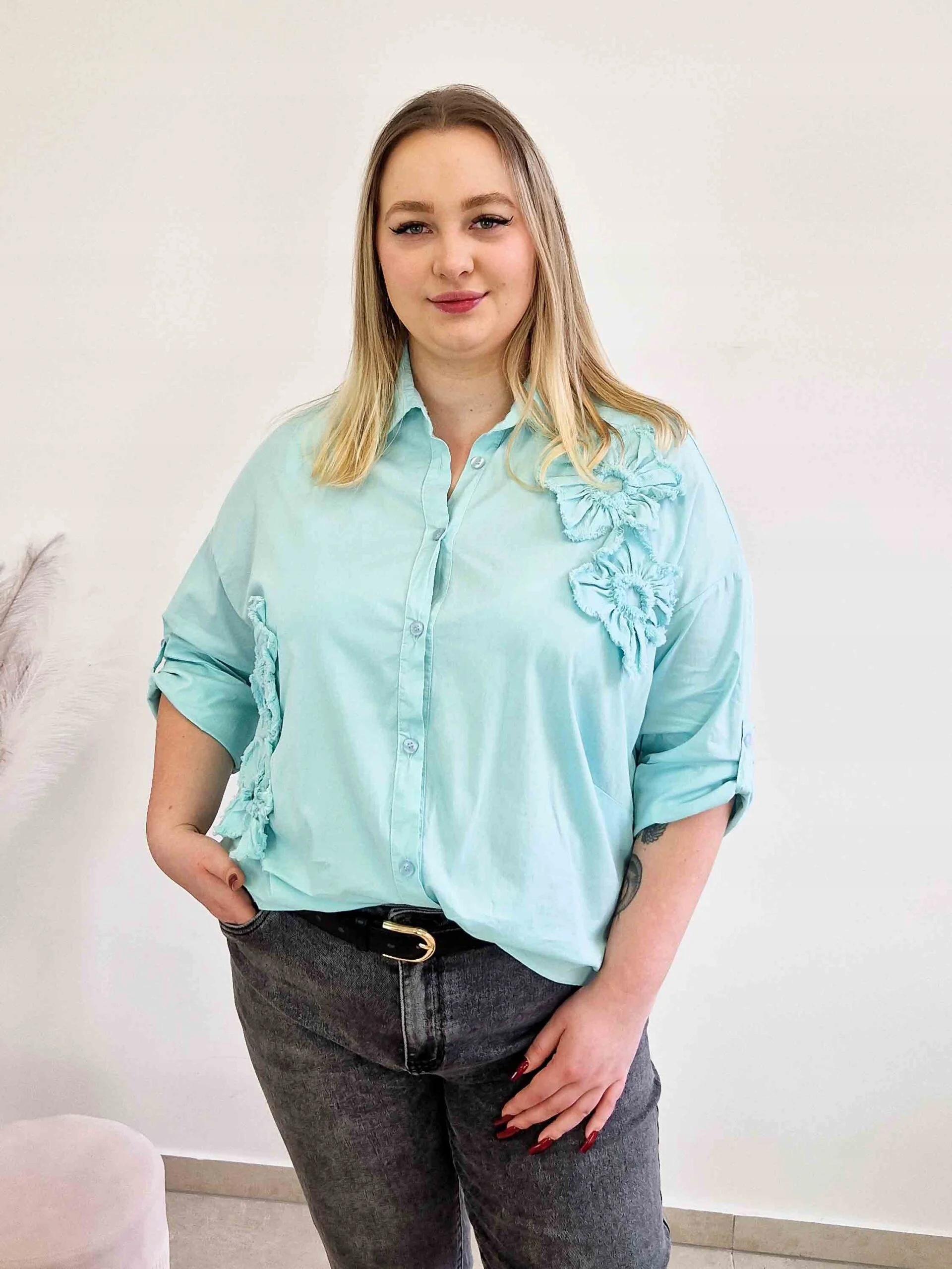 Bavlněná dámská košile Oversize s 3D květy, mátová, Uni