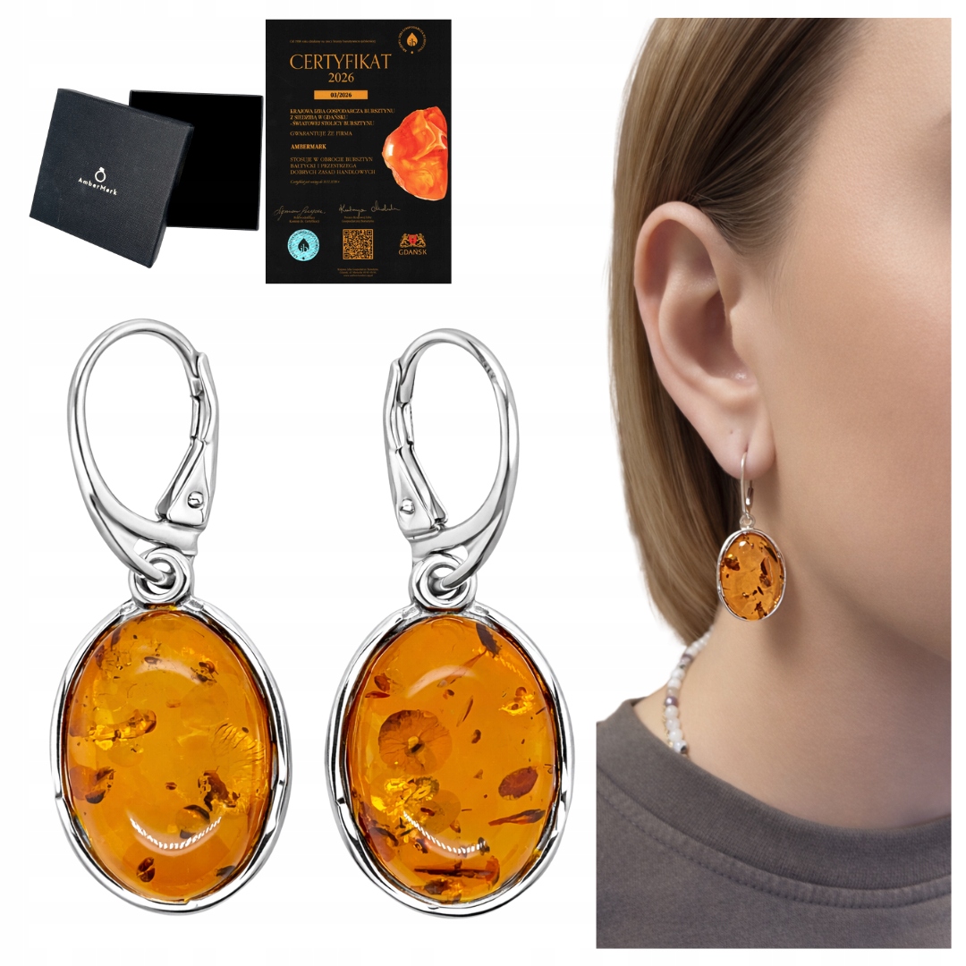 Dlouhé velké náušnice s visícím stříbro, anglické zapínání, koňakový jantar