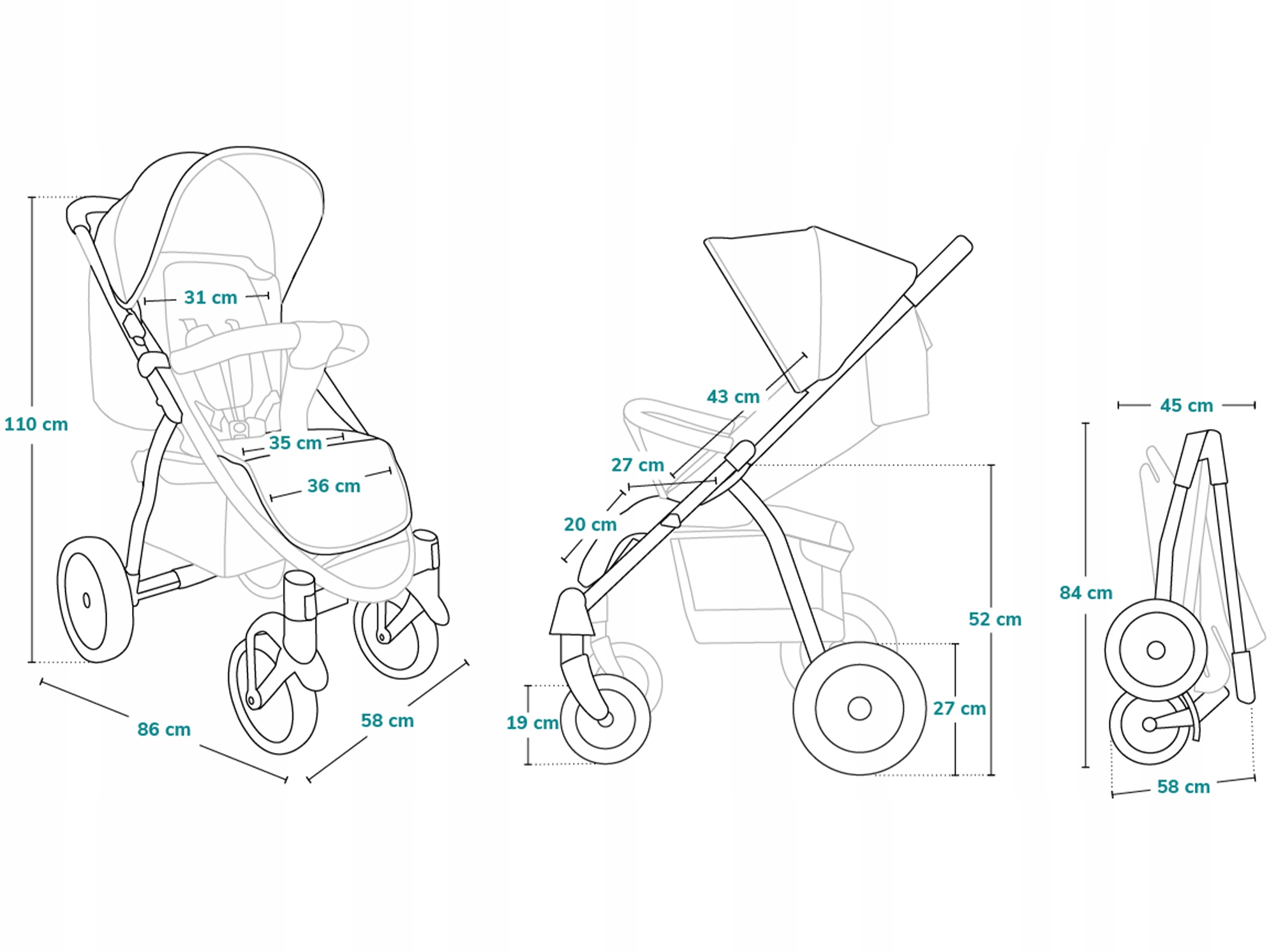WÓZEK SPACEROWY LIONELO ANNET MOSKITIERA DO 22KG Szerokość produktu po złożeniu 58 cm