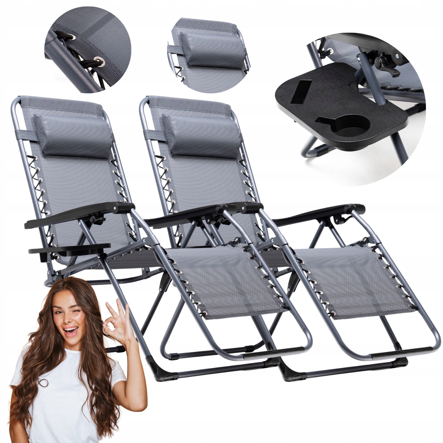2X Skladacie Ležadlo Na Terasu Gravity Poduška Polica Na Nápoj