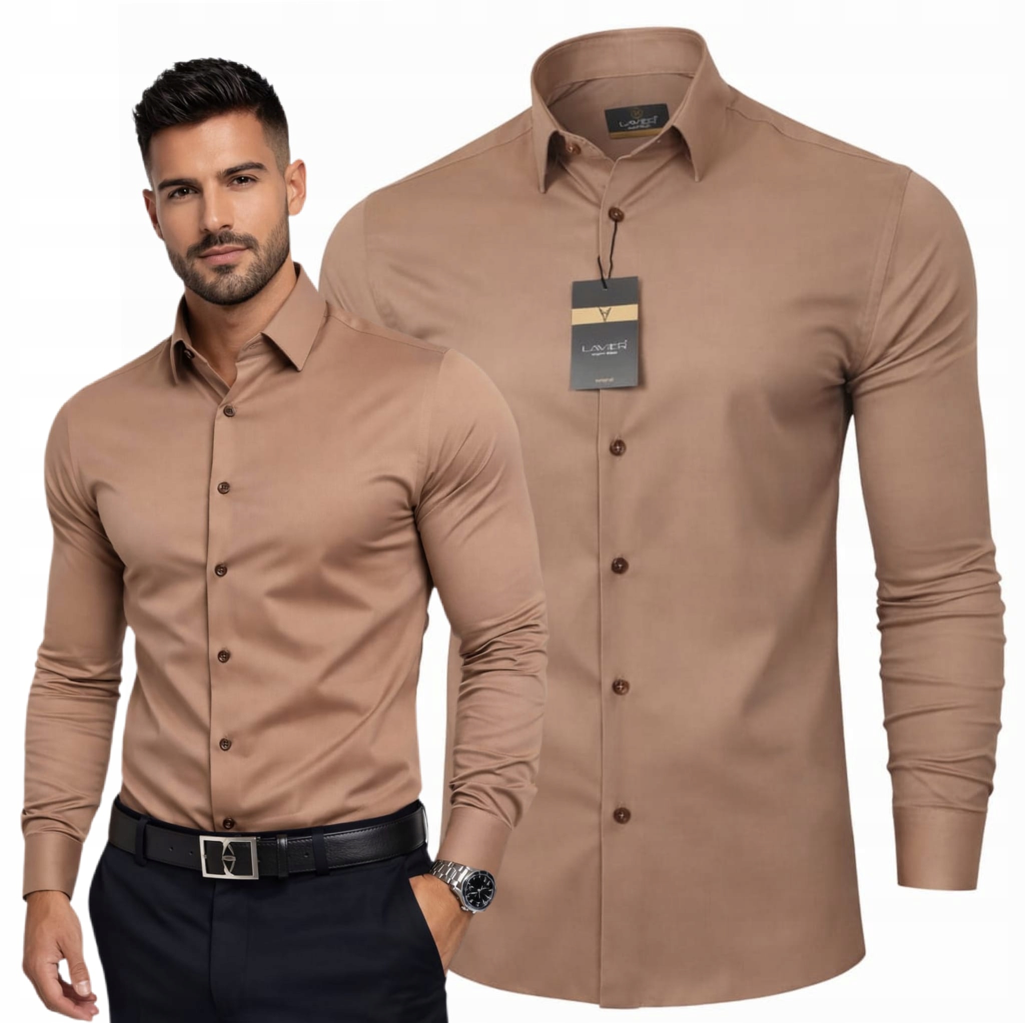 Pánská košile Camel hladká Lavier – elegantní, Slim Fit, bavlněná vel.