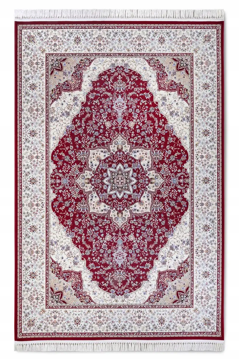 Tradičný koberec do obývačky 190x285 cm, klasický červeno-krémový s strapcami