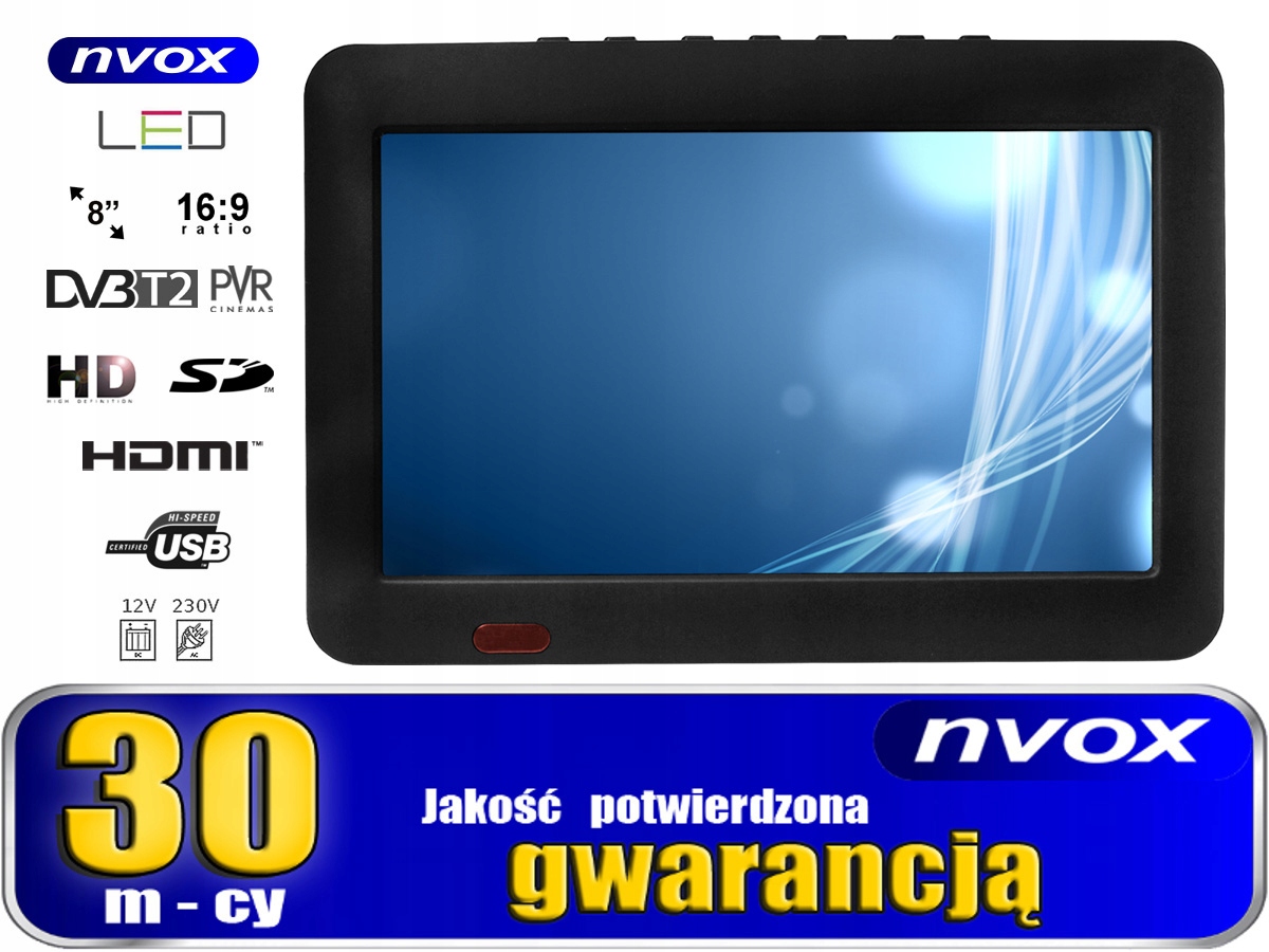 Telewizor przenośny samochodowy turystyczny Led 8" 12/24/230V Hdmi Usb Av