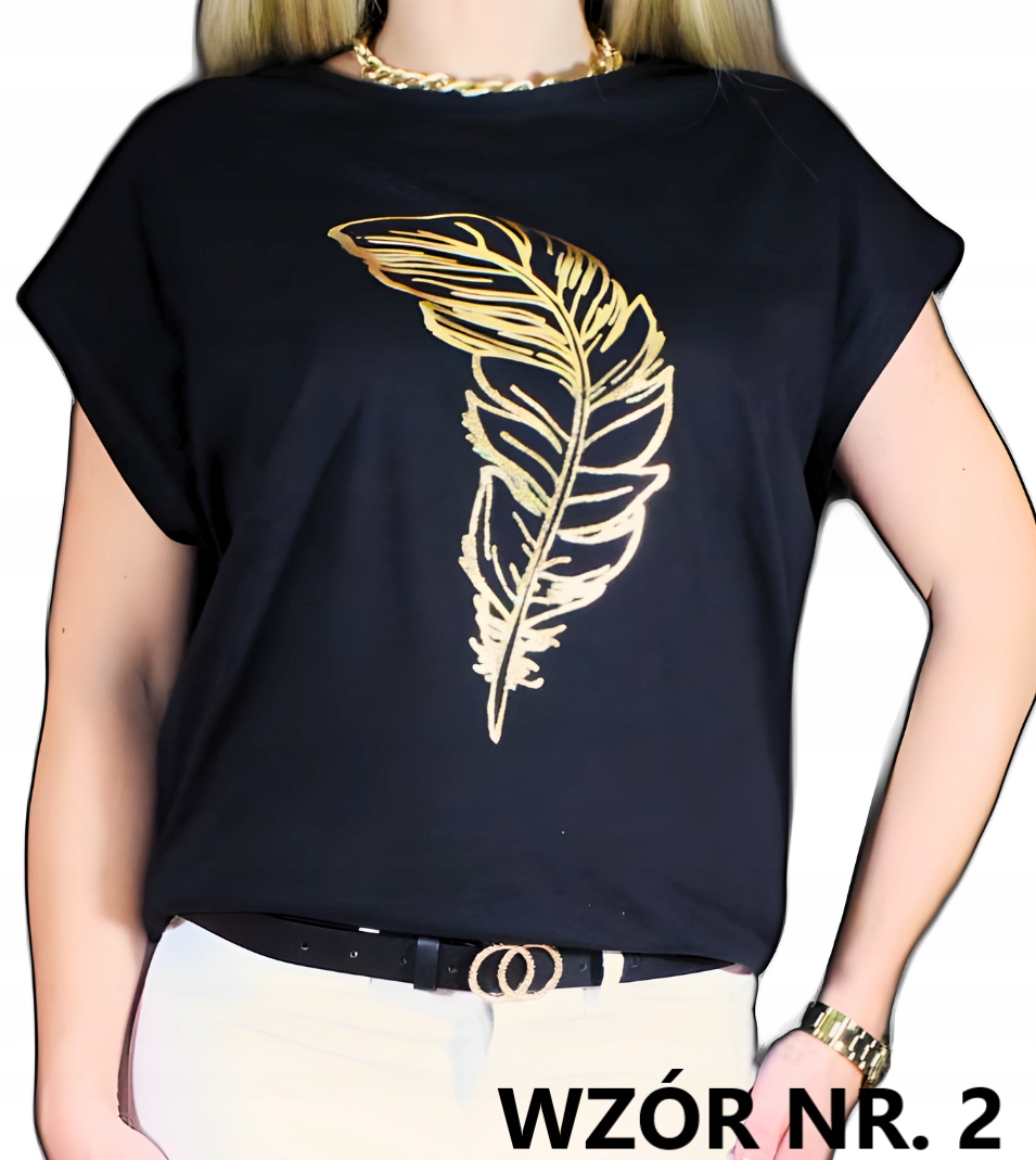 BLUZKA KOSZULKA T-SHIRT MODNY NADRUK ZŁOTY ŁAPACZ SNÓW PIÓRKO LIŚĆ 3XL 46 Rozmiar 3XL