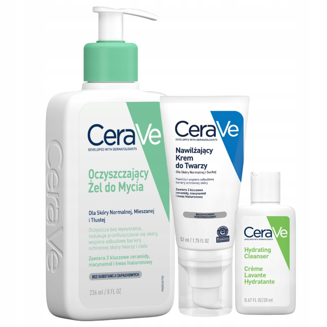 CeraVe Krem Nawilżający do Twarzy 52ml, Oczyszczający Żel 236ml