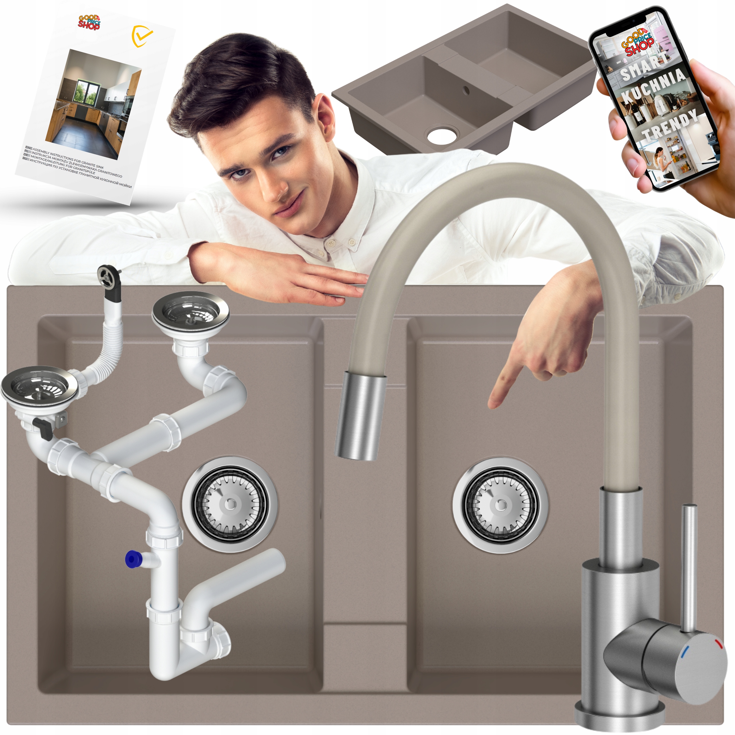 Granitový Dřez Dvoukomorový Béžový S Kuchyňskou Baterií A Sifonem 7v1