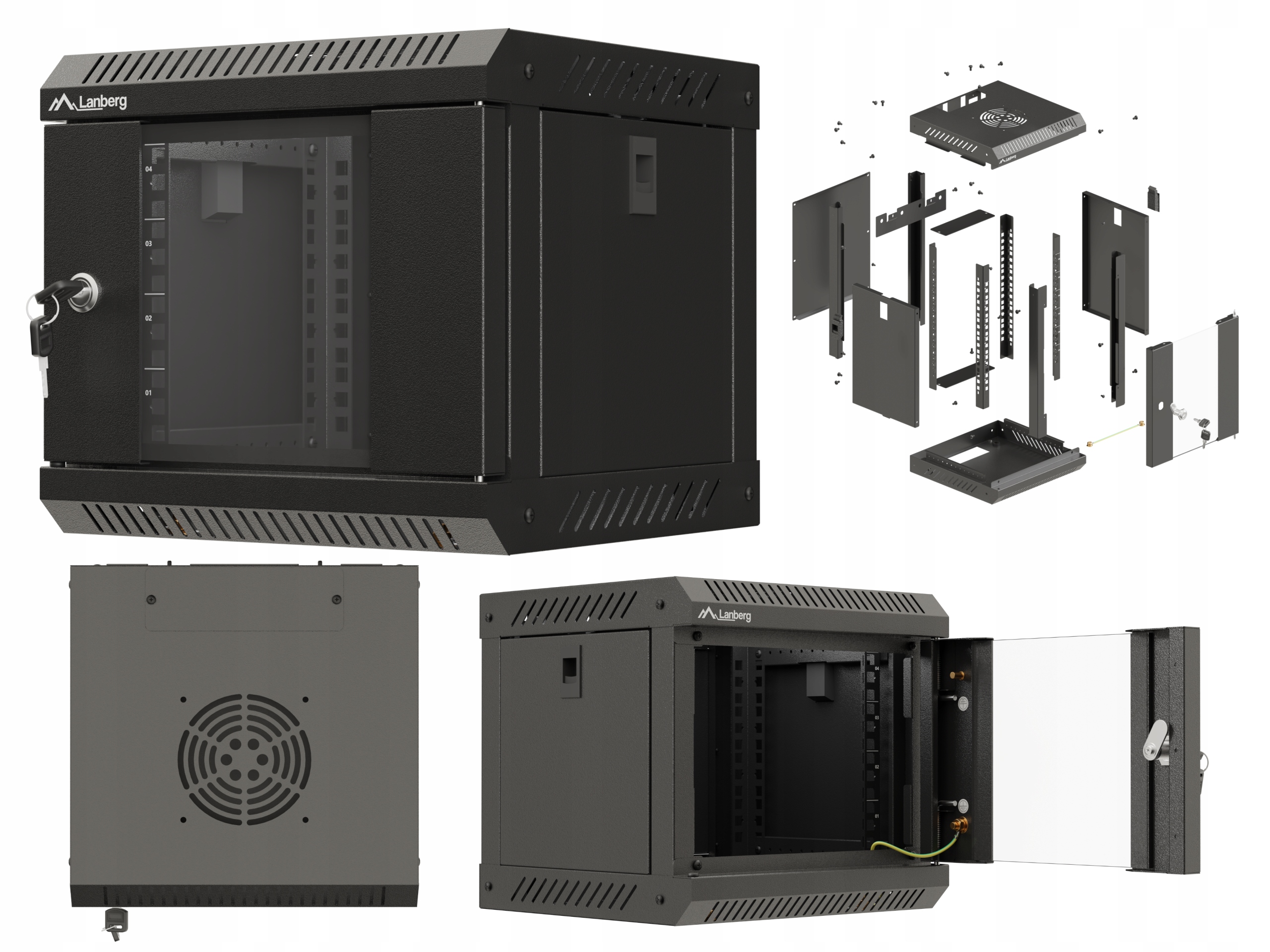 Inštalačná skriňa Rack závesná 10" 4U 300x300x281 čierna s presklenými dverami
